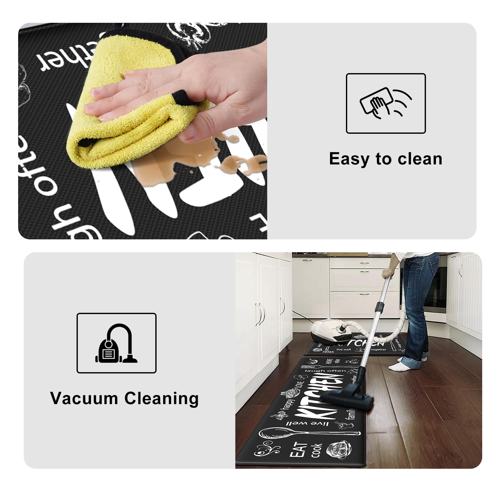 KIMODE Anti-Fatigue Kitchen Mats Set of 2 - Non-Slip Waterproof Farmhouse Style Floor Rugs with Ergonomic Cushioning for Comfortable Standing - Perfect for Home Kitchen, Laundry Room, Office, Sink Area & Under Desk (Black)