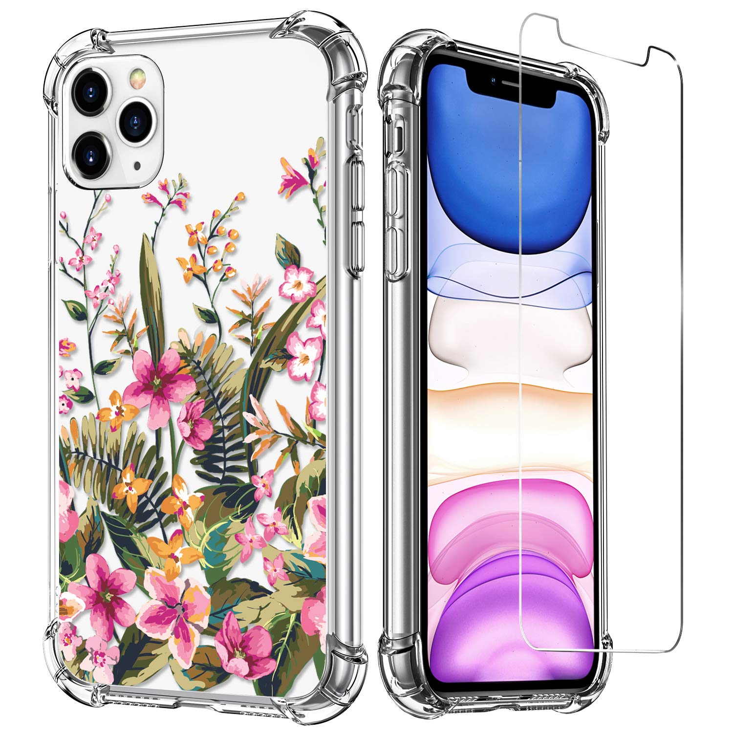LUXVEER iPhone 11 Pro Max Case with Tempered Glass Screen Protector - Floral Pattern Clear TPU Cover for Women & Girls | Slim Protective Phone Case for Apple iPhone 11 Pro Max 6.5