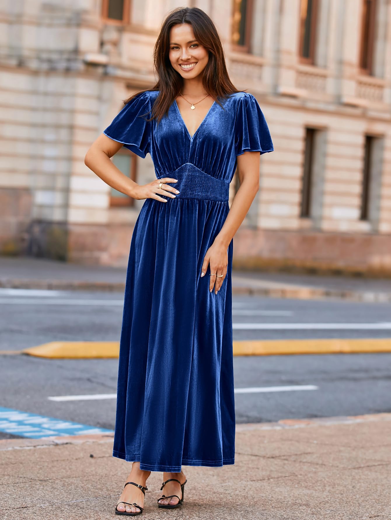 Simplee Women's Short Sleeve Velvet Maxi Dress - V Neck Empire Waist Formal Gown for Wedding Guest, Evening Party & Special Occasions