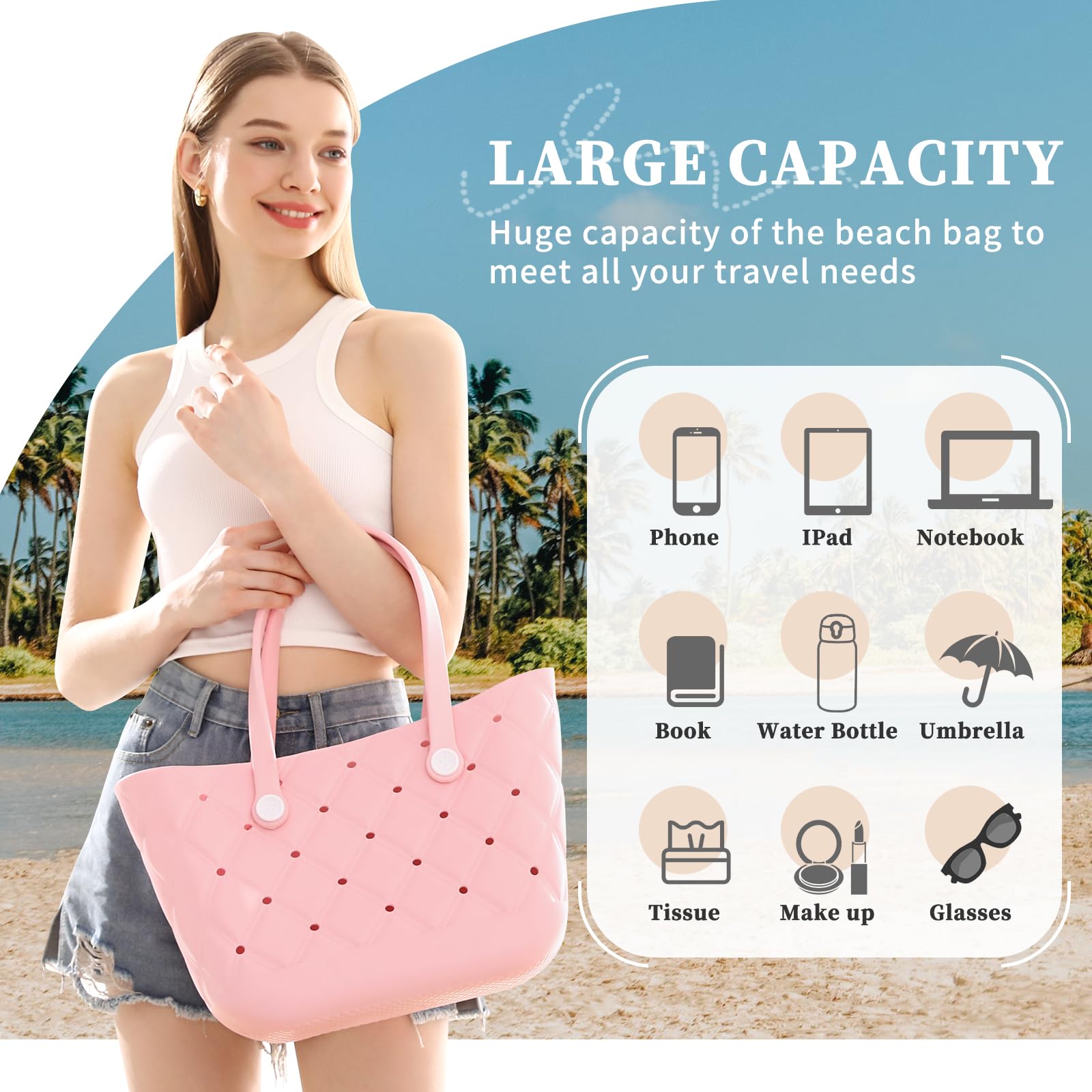 Extra Large Waterproof Beach Tote Bag - Washable Rubber Travel Tote for Women, Sports, Pool & Market Use | Perfect for Beach Trips, Gym, Shopping & Vacation Essentials