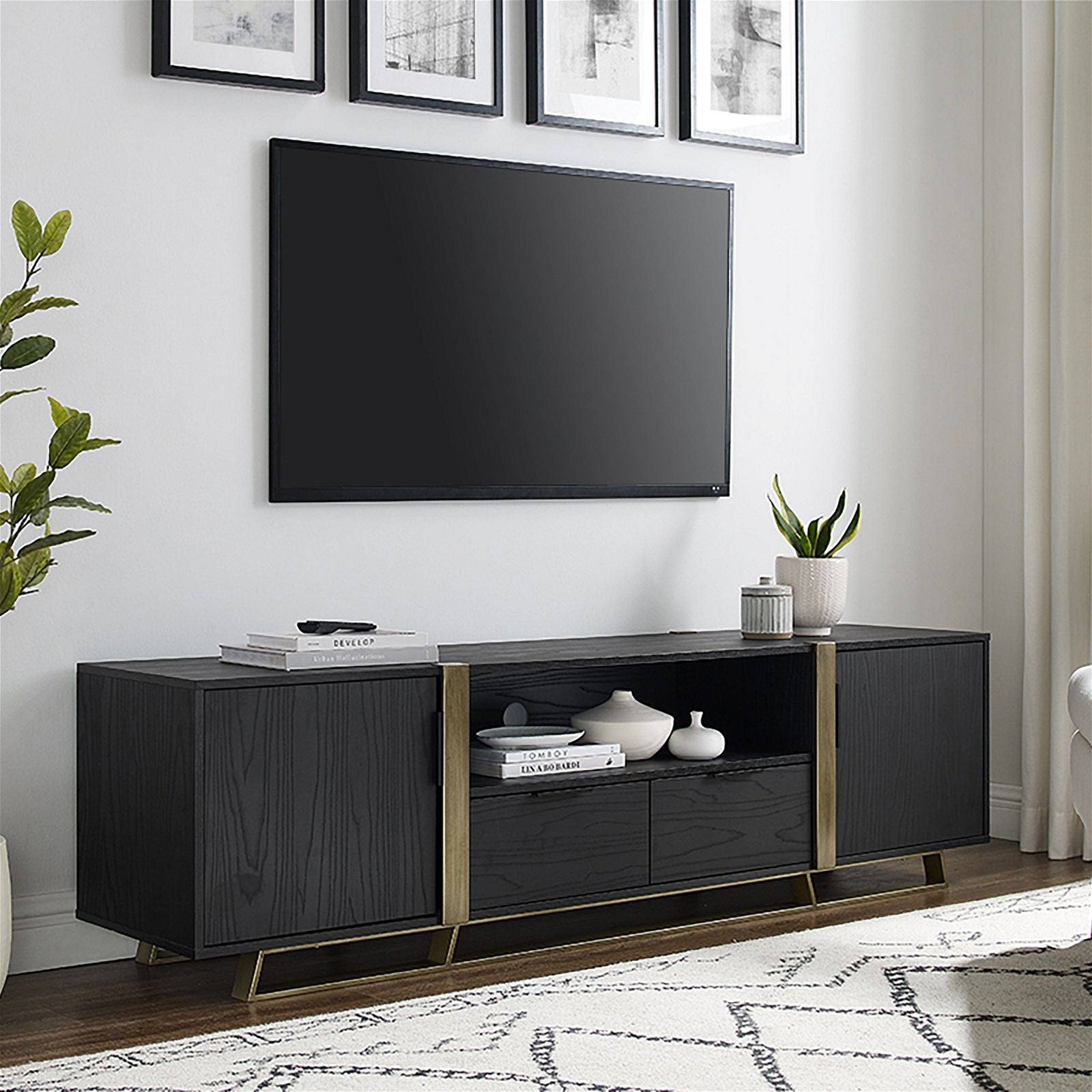 Modern CAPRI Entertainment TV Stand Cabinet - Black Oak with Gold Accents for Living Room, Bedroom & Home Theater Setup