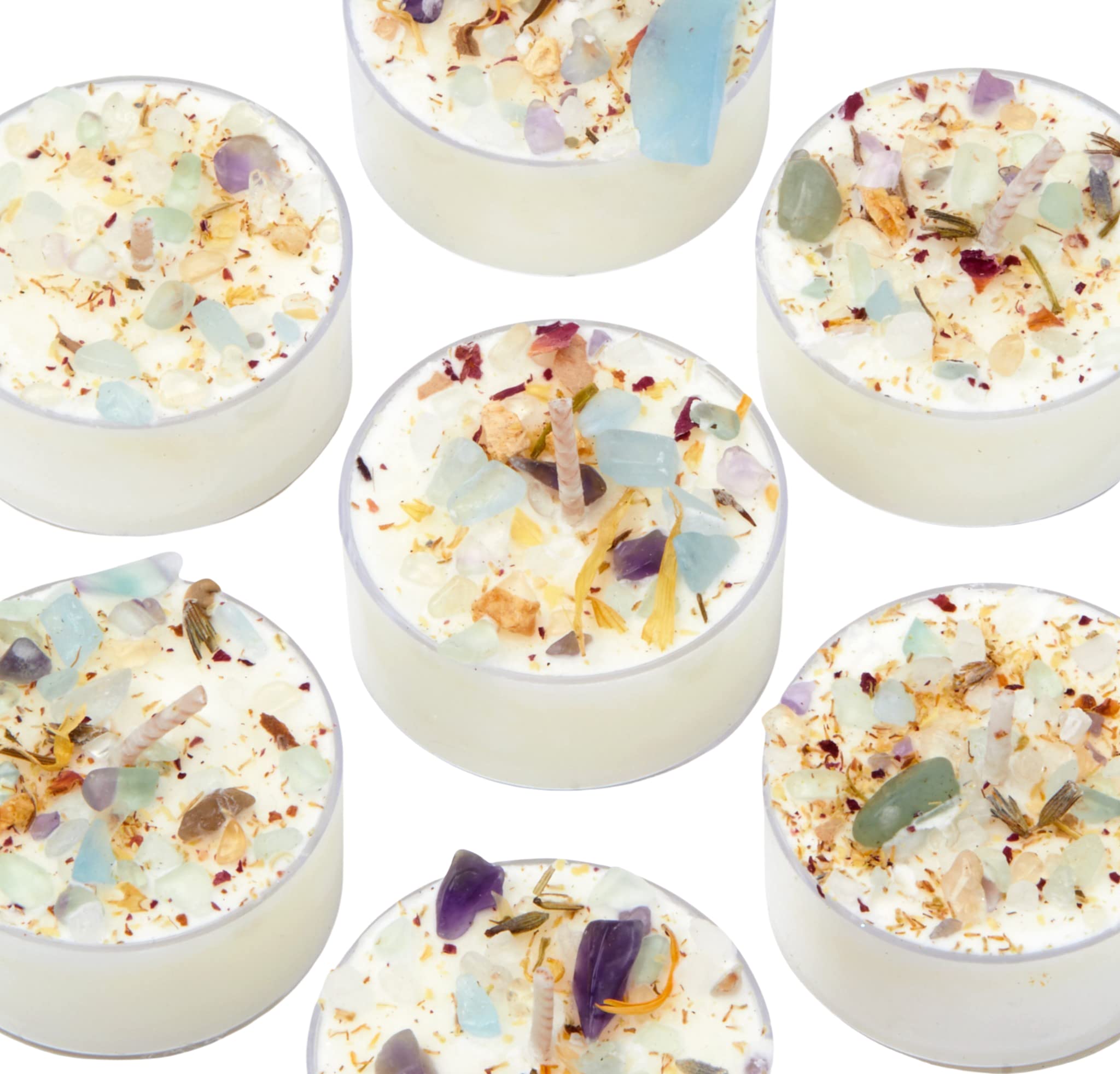 Mermaid's Kiss Soy Candles Set of 6 - All Natural Ocean & Citrus Scented Tealights with Dried Flowers, Herbs & Crystals - Perfect for Spa Nights, Meditation & Home Decor