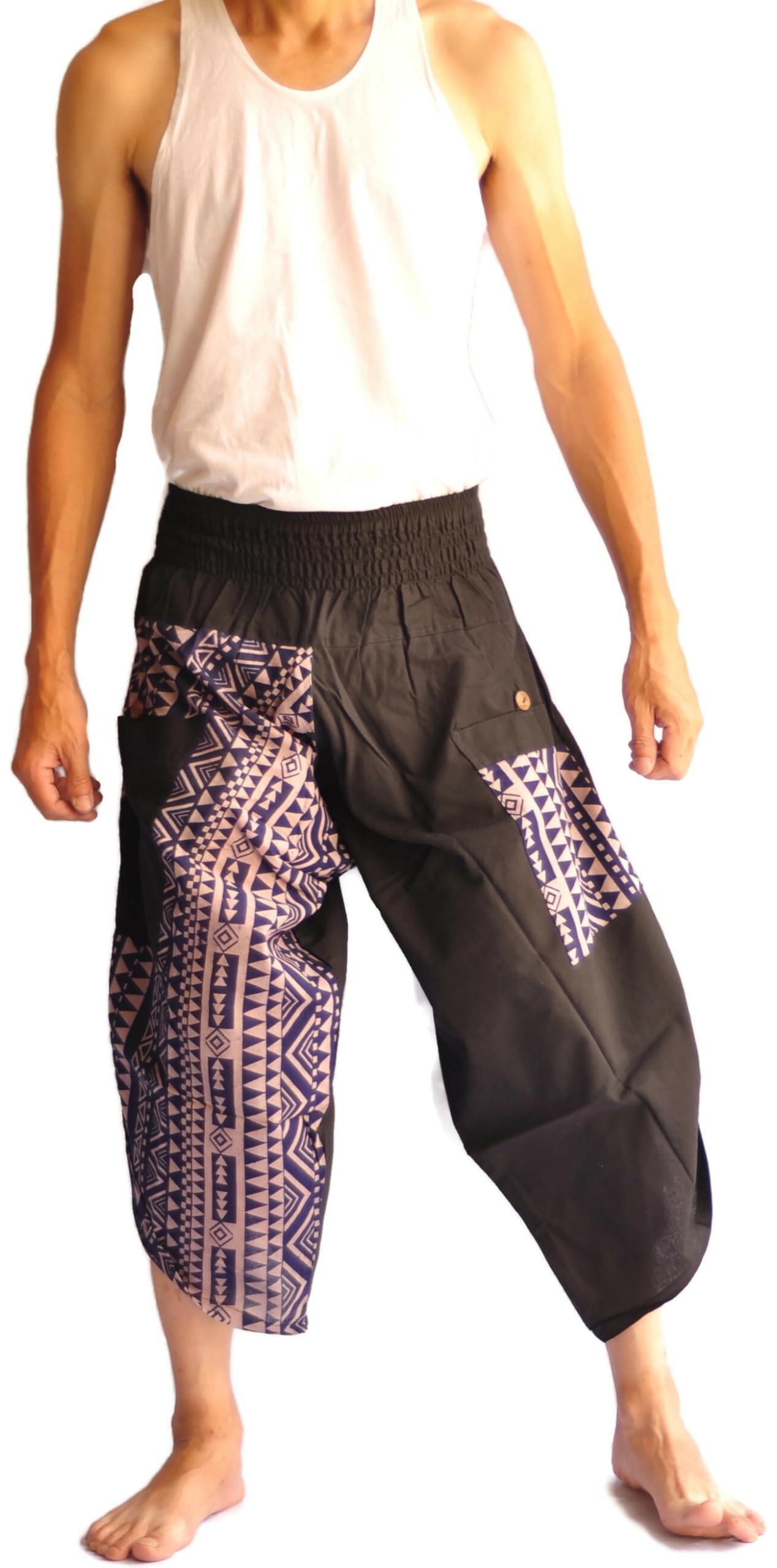 **Men's Harem Yoga Pants - High Waisted Loose Fit Navy Blue & Black Elephant Print Thai Fisherman Pants for Meditation, Lounge & Travel**