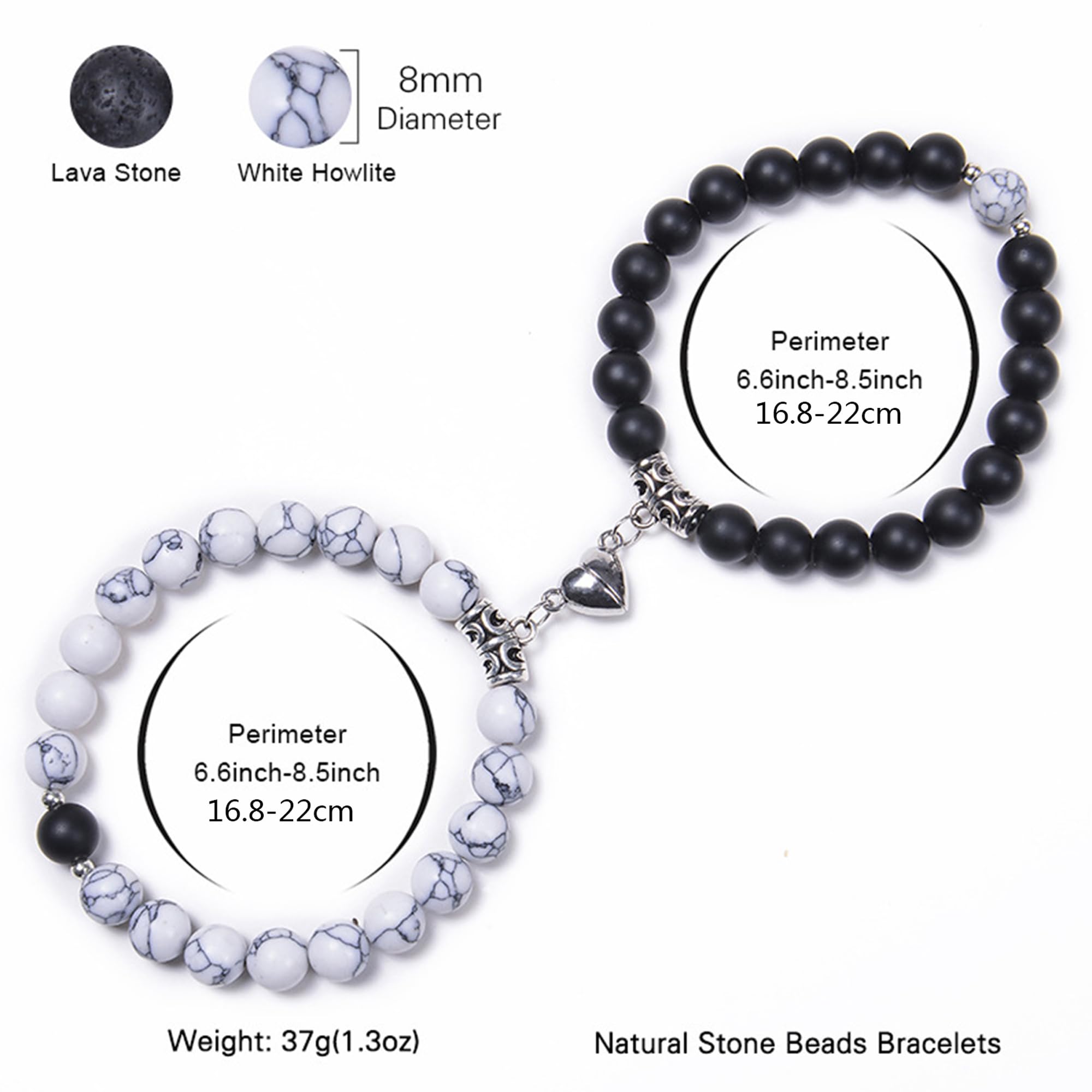 Stylish Couple Bracelets for Women & Men - Black & White Onyx Stone Stretchable Magnetic Heart Bracelet - Romantic Love Gifts for Couples, Friendship Promise Bracelet for Boys & Girls - Perfect for Anniversaries, Valentine's Day & Special Occasions