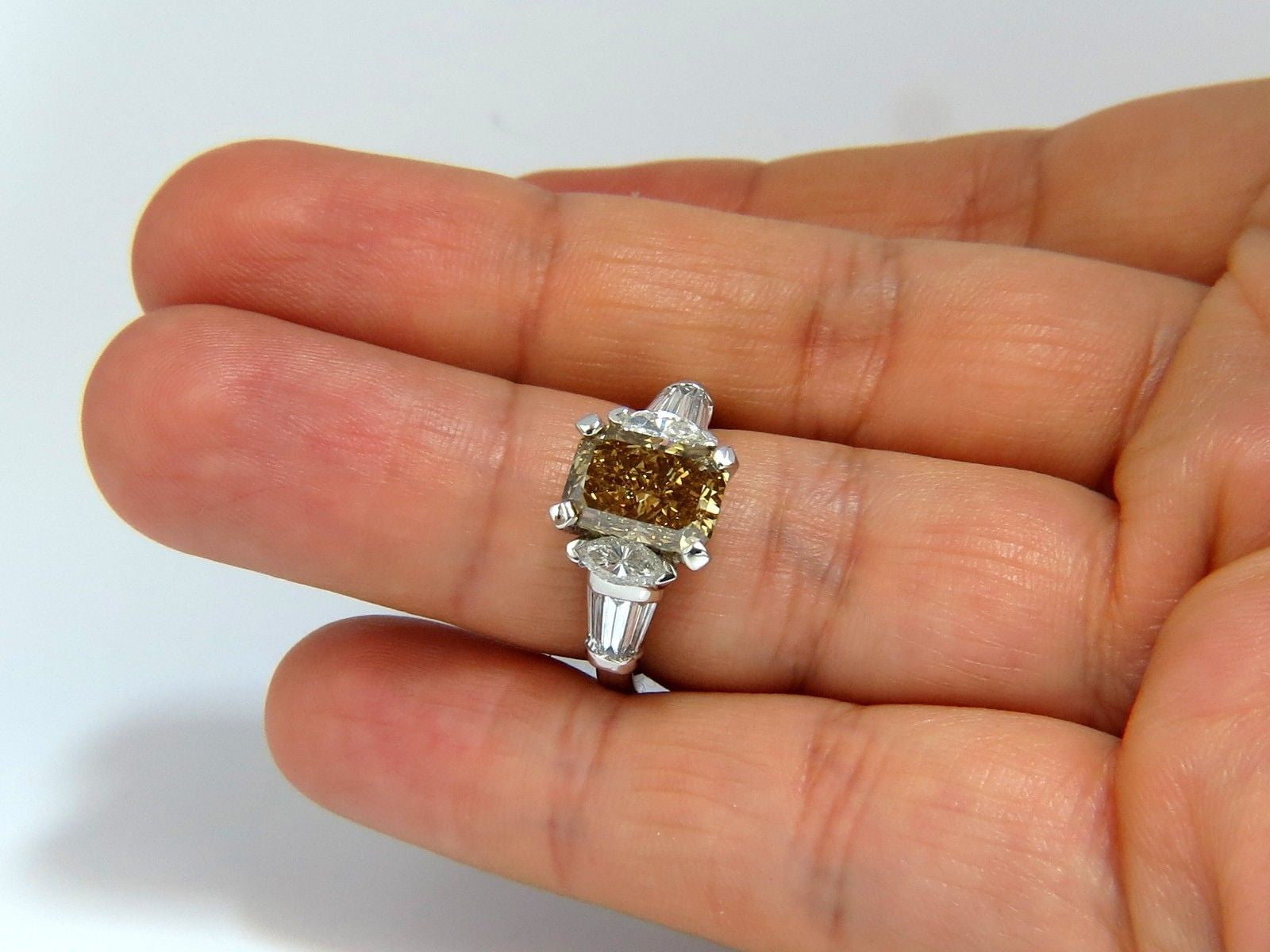 4.12ct GIA Certified Radiant Fancy Brown Green Yellow Diamond Platinum Ring for Engagement, Wedding, Anniversary & Special Occasions