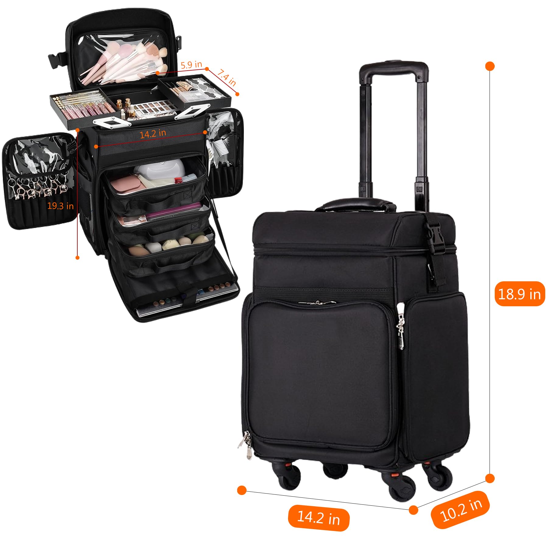 Professional Rolling Makeup Case with 2 Trays & 4 Silent Wheels - Portable Makeup Organizer for Hairstylists, Nail Salons & Beauty Professionals - Perfect for Travel, Salon Storage & Mobile Makeup Services (Black)