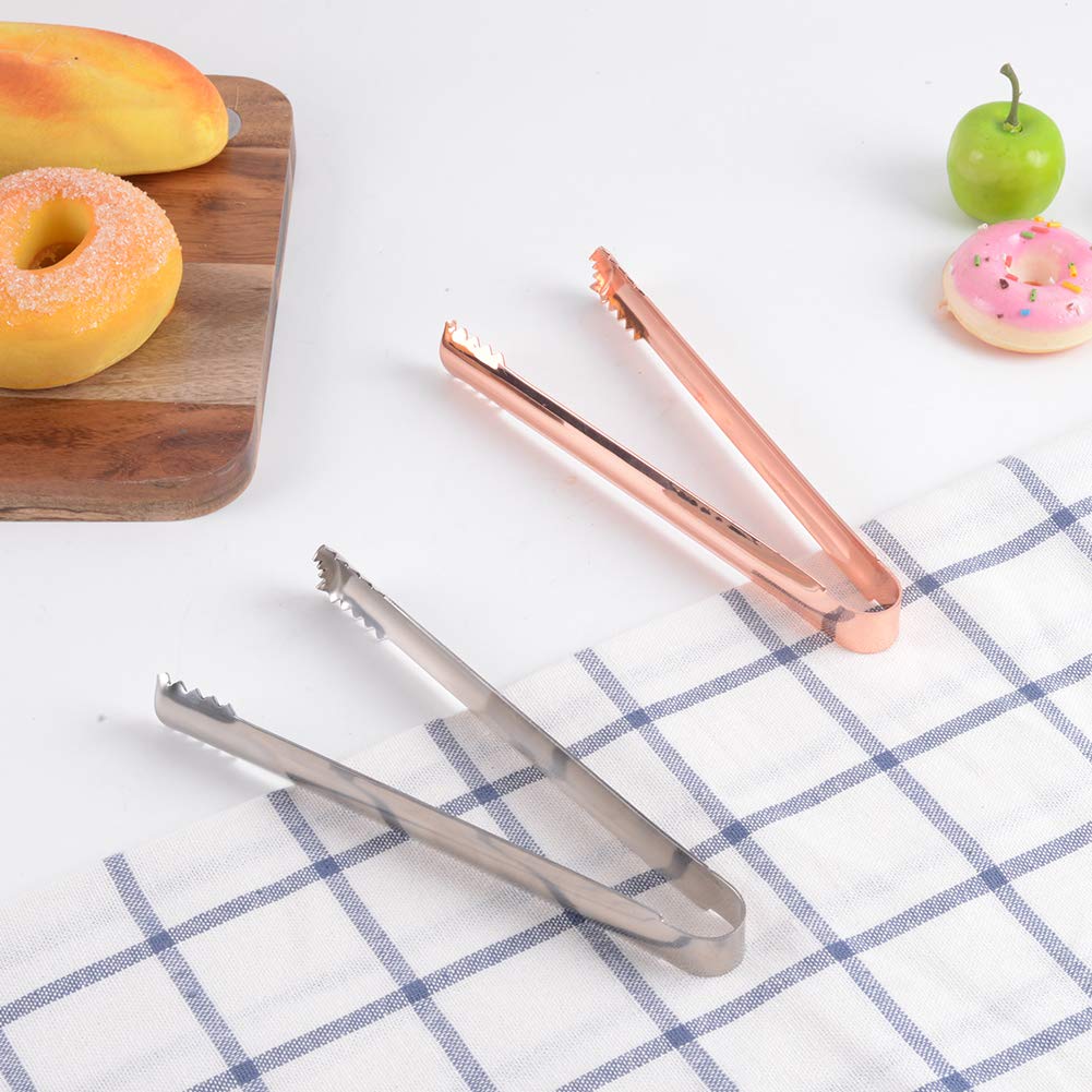 Premium Rose Gold Stainless Steel Ice Tongs - 6.5 Inch Mirror Polished Kitchen Tongs for Cocktails, Beverages, and Food Serving (Set of 2, Silver & Rose Gold) - Perfect for Bartending, Home Bars, and Party Hosting