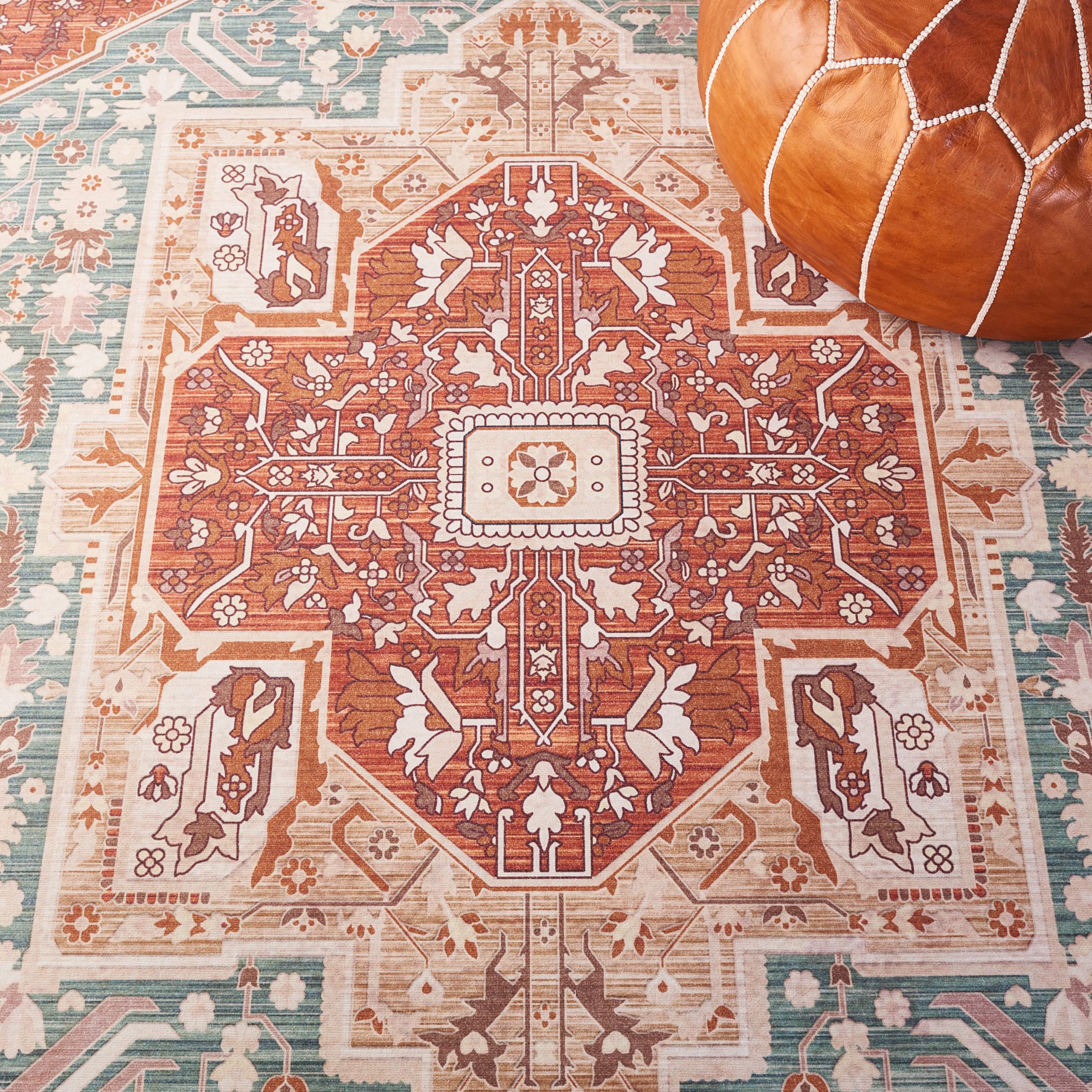 SAFAVIEH Tucson Collection 8' x 10' Area Rug - Aqua & Rust Persian Design, Non-Shedding Machine Washable, Slip Resistant for High Traffic Areas | Perfect for Living Room, Bedroom, Dining Room & Home Decor | Ideal for Modern Homes, Apartments & Office Spaces (TSN150J)