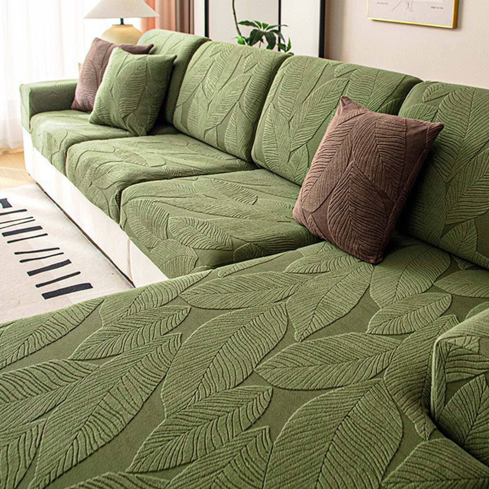 Modern Leaf Velvet Jacquard Stretch Sofa Cover - Waterproof, Pet-Resistant, Full Wrap Design for Living Room, Bedroom & Home Decor Protection
