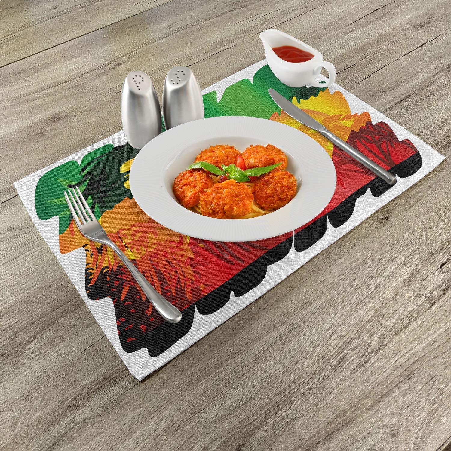 Ambesonne Rasta Place Mats Set of 4 - Reggae Music Inspired Abstract Design with Sun & Palm Trees - Washable Fabric Table Mats for Dining Room & Kitchen Decor in Green, Yellow, Red & Orange - Perfect for Reggae Themed Parties, Tropical Dining & Boho Home Decor