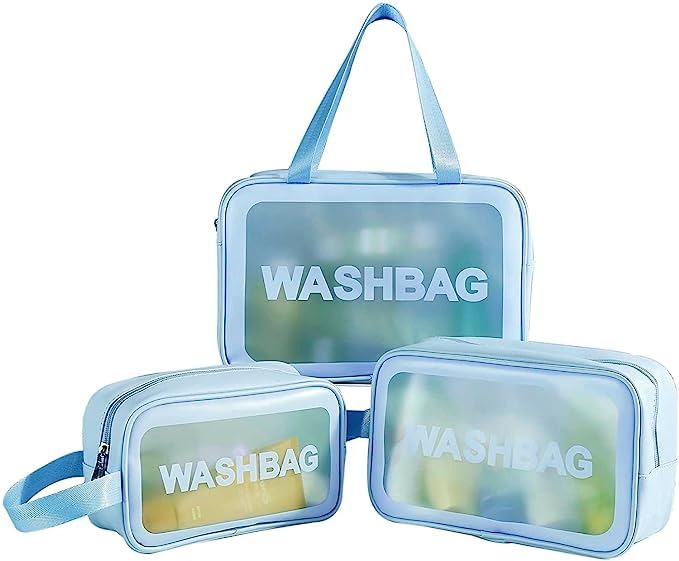 JRT Clear Washbag Set of 3 - Waterproof Travel Cosmetic Pouch for Makeup & Toiletry Storage (Blue)