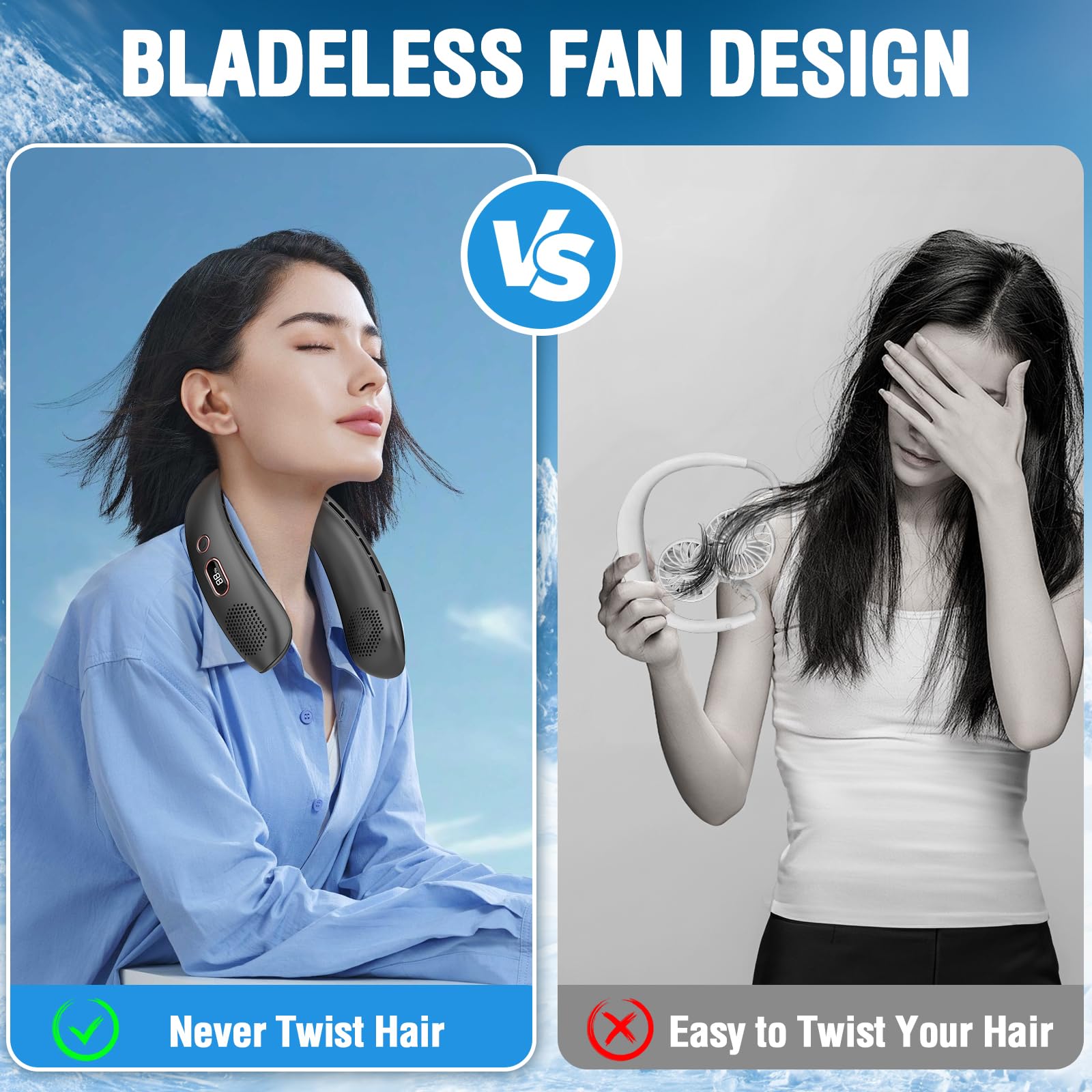 YAZEKY Bladeless Neck Fan - USB Rechargeable Cooling Fan with 360° Airflow, 3 Speed Settings & LCD Display - Hands-Free Wearable Fan for Men, Teachers - Perfect for Outdoor Activities, Travel, Gym, and Office Use