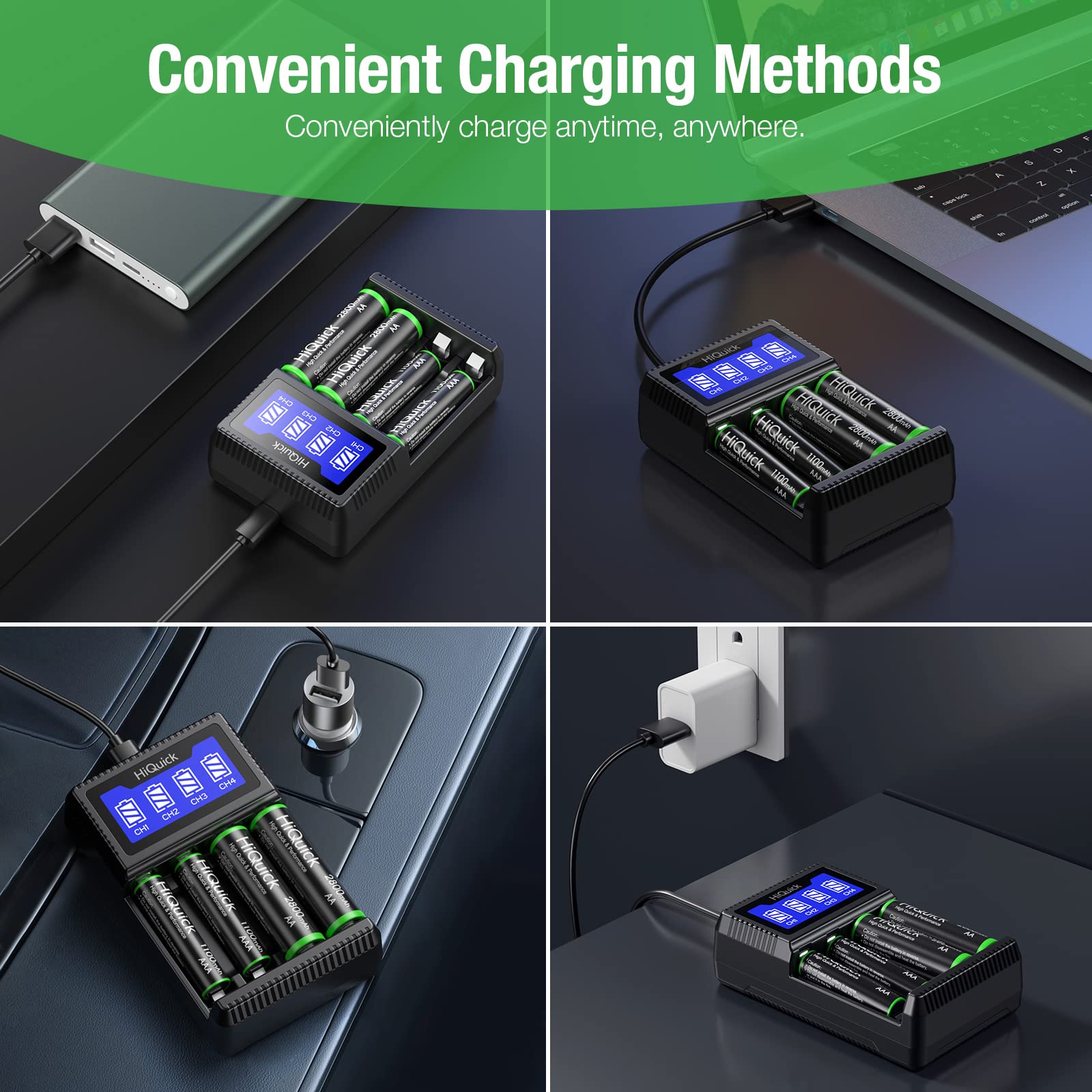 HiQuick 4 Bay AA AAA Battery Charger with Smart LCD Display - Fast USB Charging for NiMH NiCD Rechargeable Batteries (1.2V AA/AAA) - Perfect for Home, Office, Travel & Emergency Kits (USB Cable Included)