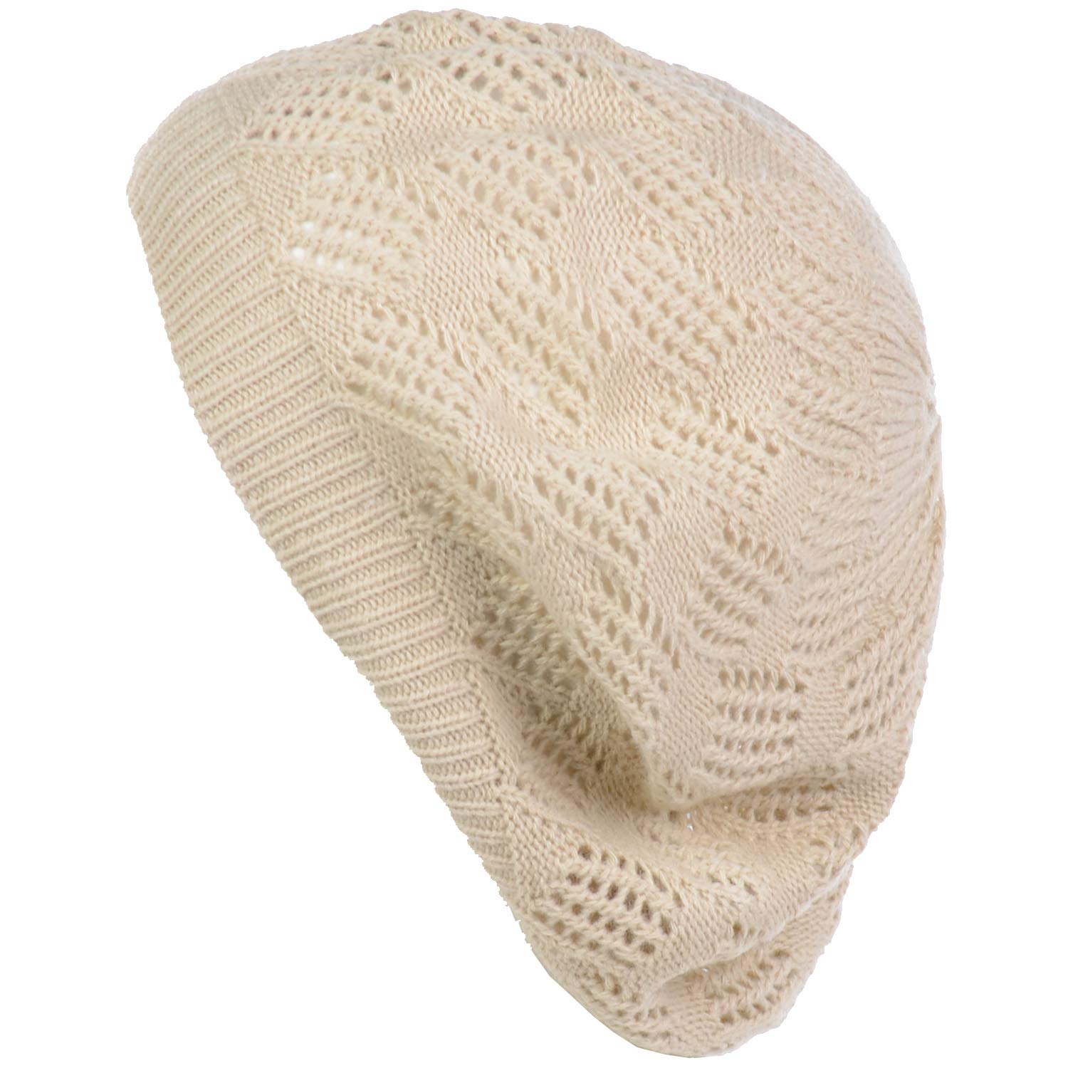 BYOS Women's Fashionable Cutout Lace Diamond Knit Lightweight Slouchy Crochet Beret Hat - Stylish Winter Accessory for Casual Outfits & Outdoor Activities