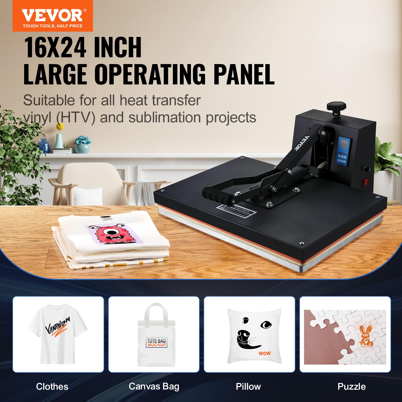 VEVOR 16x24 Inch 1700W Digital Heat Press Machine for T-Shirts & Sublimation - Fast Heating, High Pressure Industrial Heat Transfer Press for Vinyl & Custom Apparel - Perfect for DIY Crafts, Small Business & Home Use (Black)