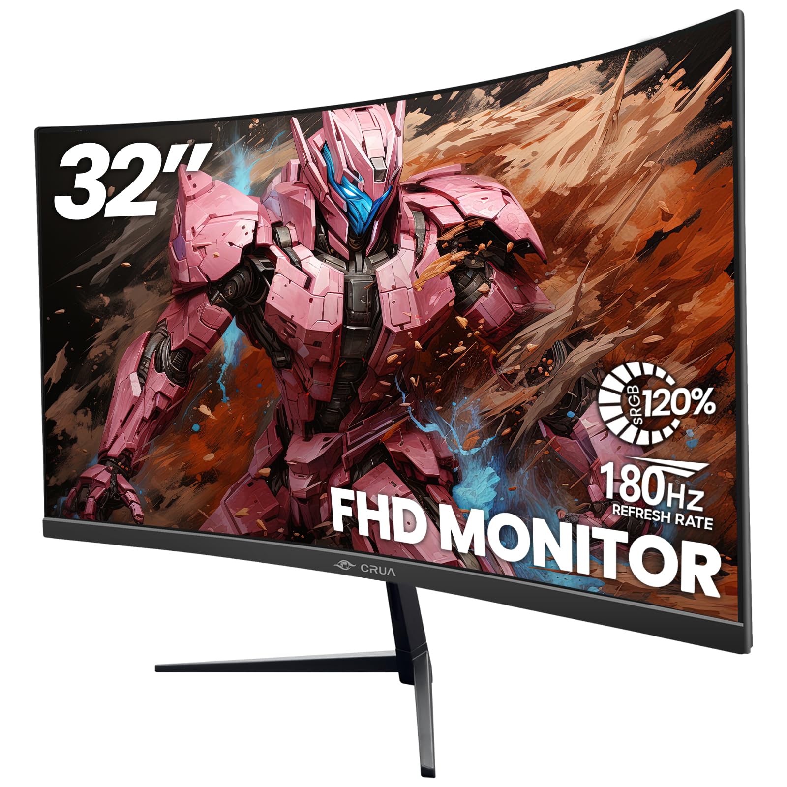 CRUA 32 Inch Curved Gaming Monitor - FHD 1920x1080P, 144Hz/180Hz, 1800R VA Panel, 120% sRGB, AMD FreeSync, HDMI & DP Ports, VESA Mountable - Black | Perfect for Esports, PC Gaming & Home Office Setup