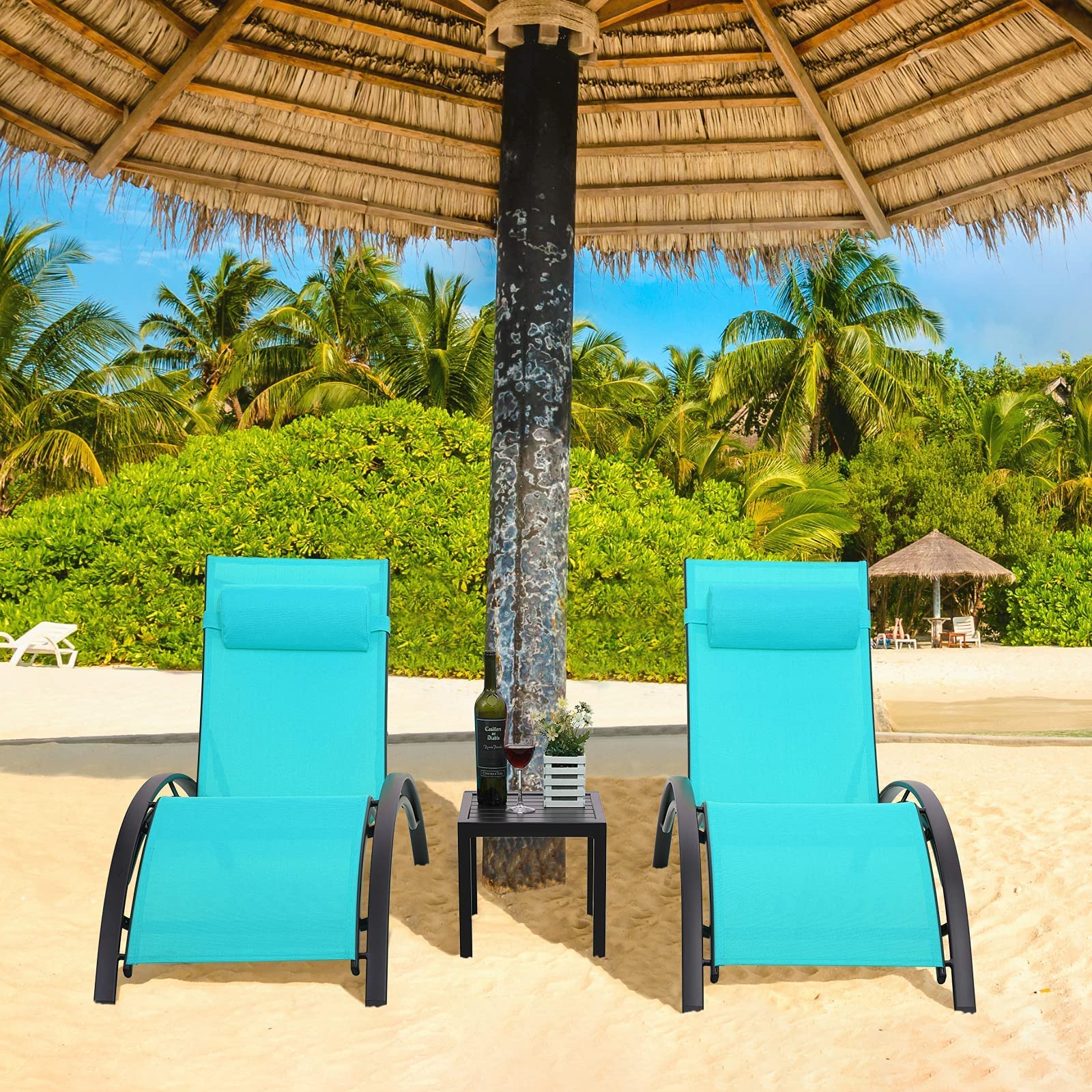 **AthLike 3-Piece Patio Chaise Lounge Set with Headrest & Side Table - 5-Level Adjustable Sunbathing Recliner for Poolside, Beach & Outdoor Relaxation (Blue)**