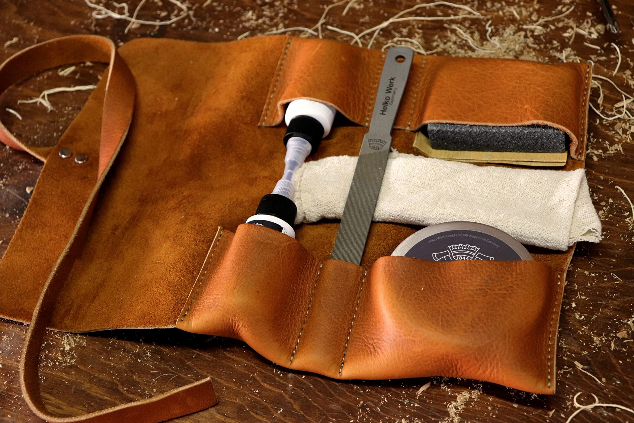 1844 Helko Werk Germany Premium Axe Care & Maintenance Kit - Includes Sharpening Stone, File, Handle Oil, Head Oil, Blade Cleaner, Sandpaper & Wedges - Wood Chopping & Camping Axe Maintenance Tools