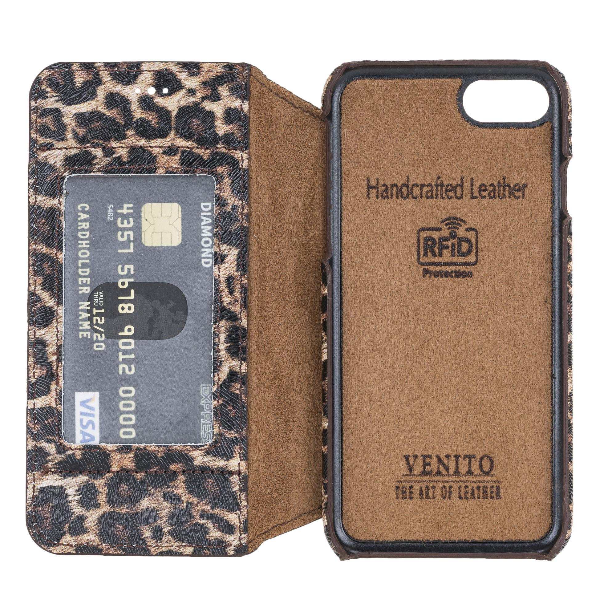 Venito Venice Slim Wallet Case for iPhone 7/8/SE - Stand Feature, RFID Blocking, Self-Closing Design (Leopard Print) - Perfect for Travel, Work & Everyday Protection
