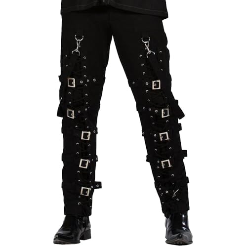 Men's Electro Black Bondage Rave Gothic Cyber Chain Punk Rock Jeans - Medium Size | Gothic Fashion, Cyberpunk Outfits & Alternative Streetwear for Concerts & Nightclubs