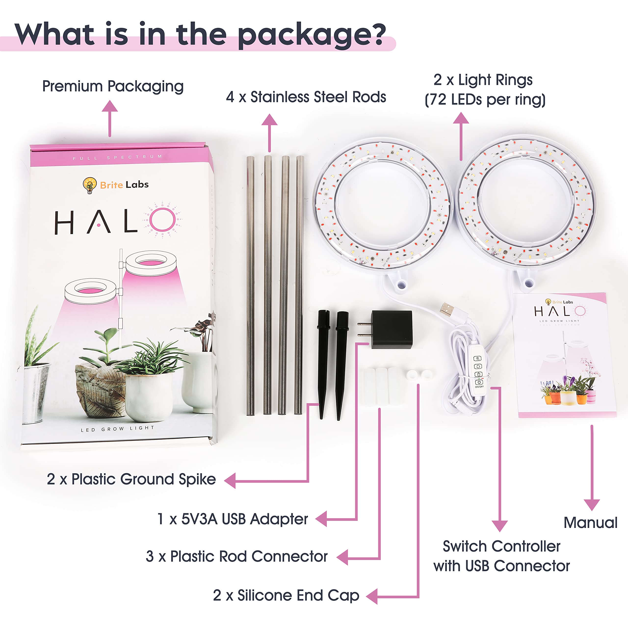 Halo Plant Light - 2 Adjustable LED Rings with Red Blue White Full Spectrum - Indoor Grow Lights for Plants, Seedlings, Succulents & Herbs - Perfect for Home Gardening, Hydroponics & Greenhouse Use