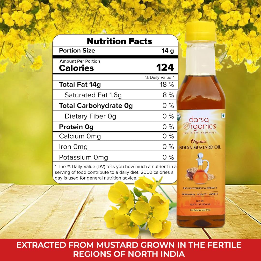USDA Organic Cold Pressed Mustard Oil 16.9 fl oz (500ml) - 100% Pure, Non-GMO, Chemical-Free Mustard Seed Oil for Hair Growth, Skin Care & Massage | Natural Hair & Skin Treatment for Dry Scalp, Dandruff & Body Relaxation | Perfect for Ayurvedic Remedies, Cooking & Aromatherapy