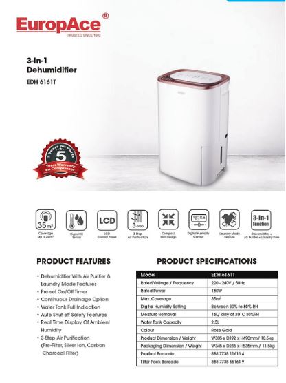 Europace EDH 6161T 16L 3-in-1 Dehumidifier with Air Purifier & Fan - Quiet Energy Efficient for Home, Basement, Bedroom, Bathroom - Removes Moisture, Mold & Allergens
