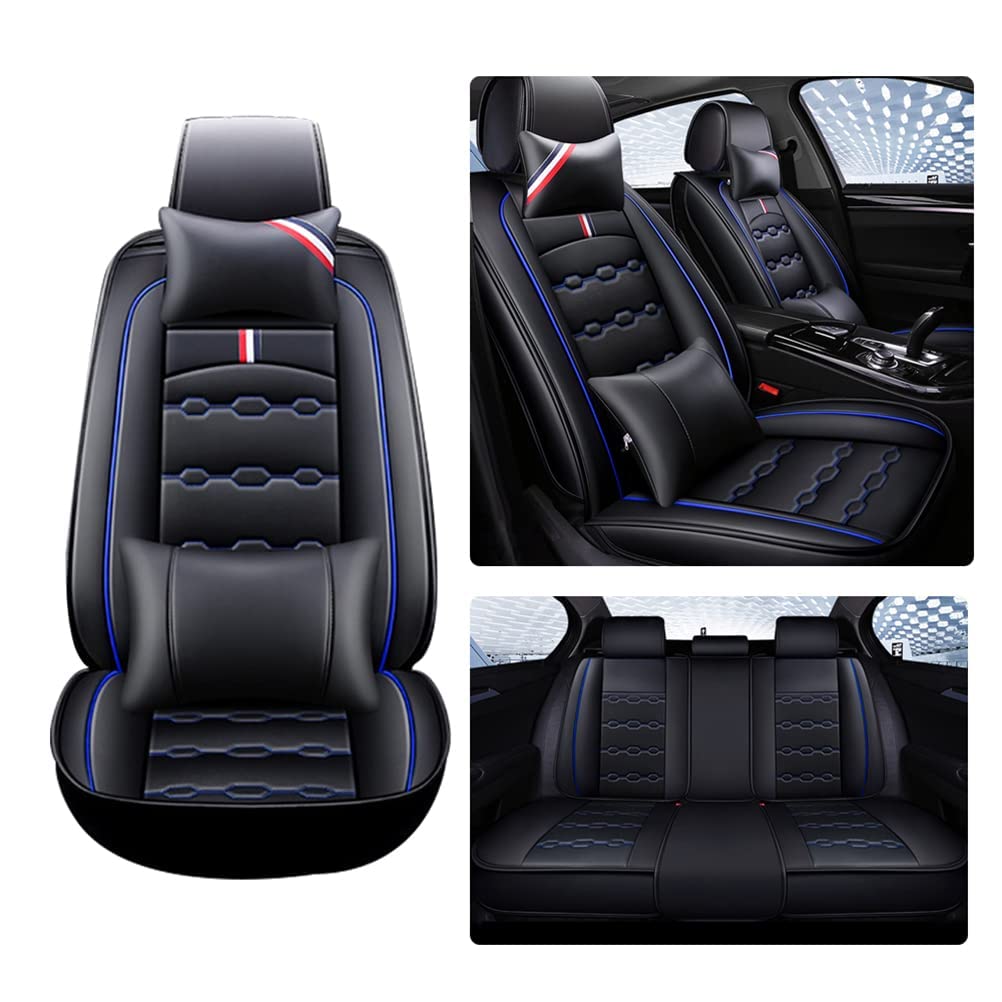 Luxury PU Leather Front & Rear Seat Covers with Headrest Backrest Cushions for Ford Crown Victoria - Breathable Comfortable Black & Blue Car Seat Protectors - Perfect for Daily Commute, Road Trips & Car Interior Protection