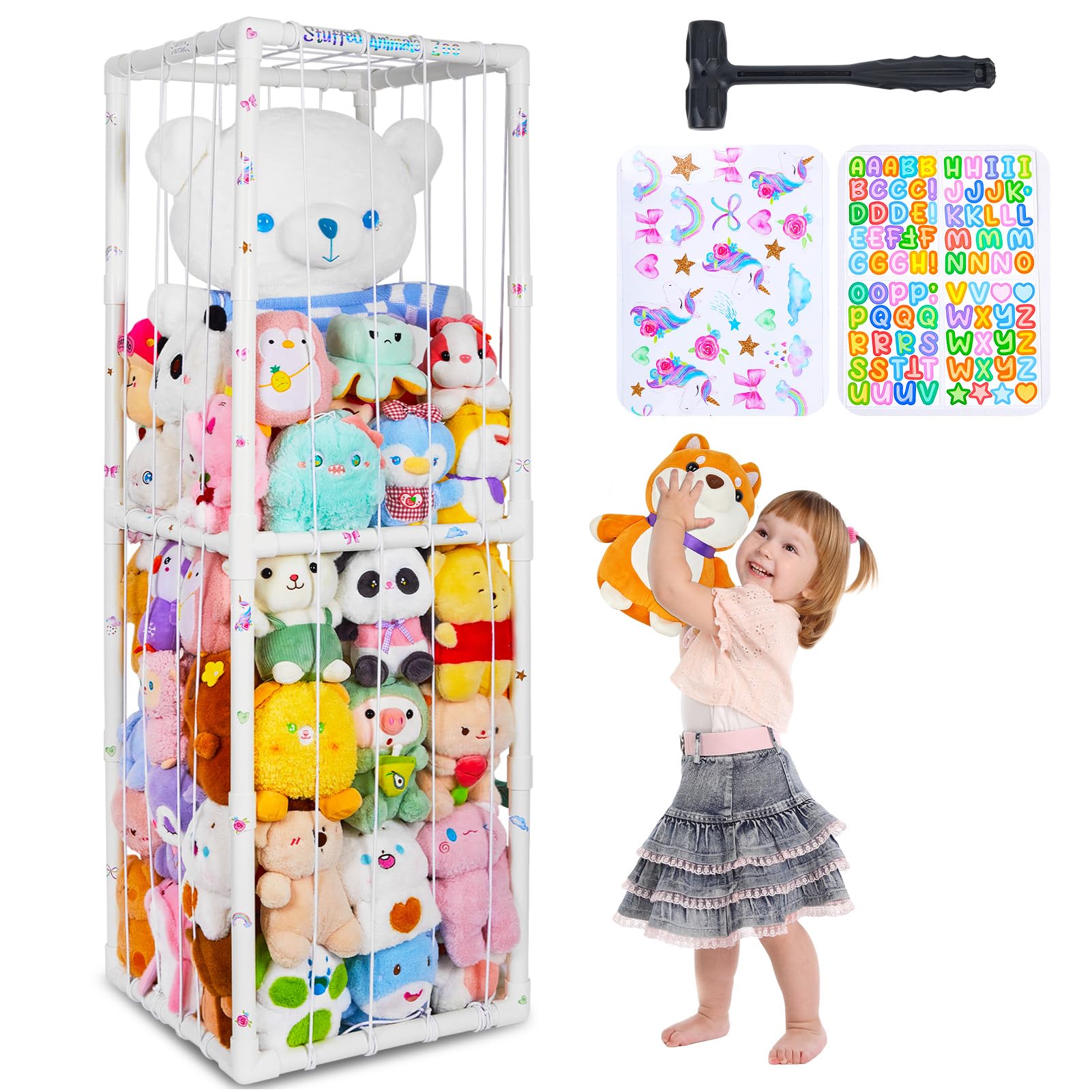 FIOBEE Thick PVC Tube Stuffed Animal Storage Organizer with Elastic Band - Large Plush Toy Holder for Kids Nursery, Playroom, Bedroom | Durable Zoo-Themed Toy Organizer for Stuffed Animals, Dolls & Soft Toys (White) - Perfect for Clutter-Free Kids Rooms & Toy Organization