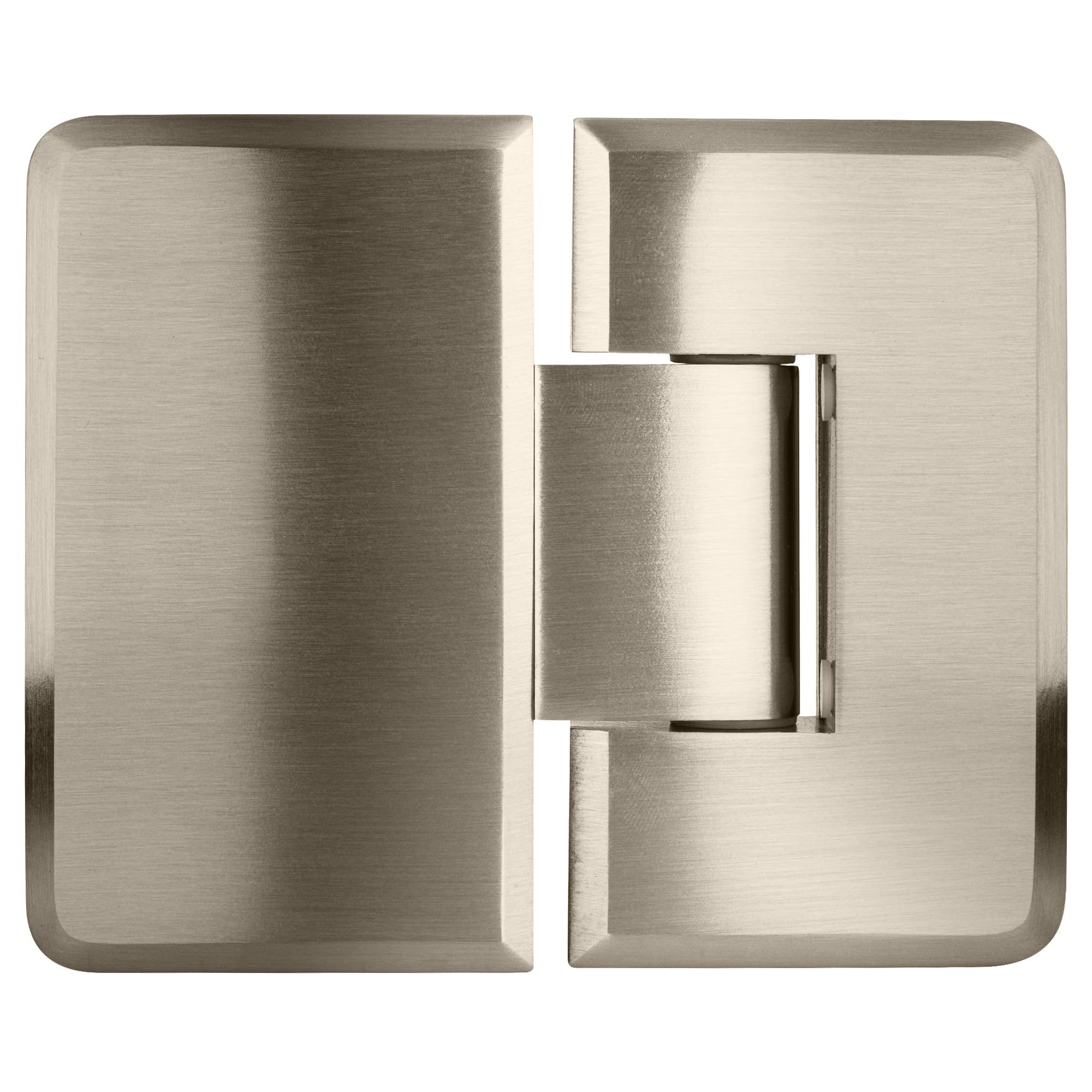 Brushed Nickel 180 Degree Glass-to-Glass Positive Close Cologne Hinge - Heavy Duty Cabinet Door Hinge for Bathroom, Kitchen, and Closet Glass Doors