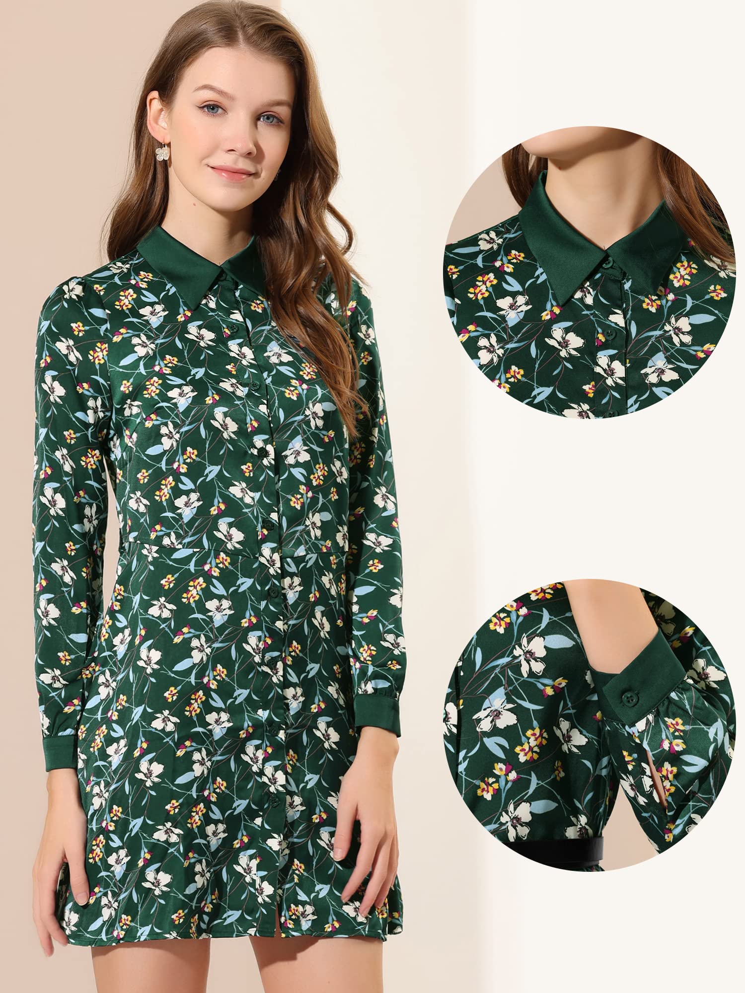 Allegra K Women's Floral Satin Long Sleeve Belted Button Down Dress for Spring & Fall | Elegant Office Wear & Special Occasion Outfit