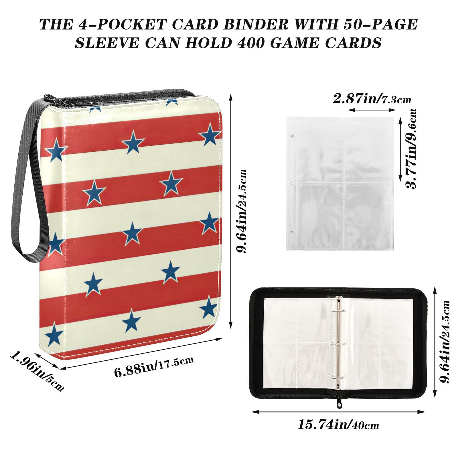 Starstripes 4-Pocket Trading Card Binder with 50 Removable Sleeves - 3-Ring Card Album Holds 400+ Sports & Game Cards - Perfect for Collectors, Kids & Organizing Pokemon, MTG, Baseball Cards