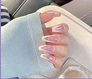 Valentine's Day Press on Nails - 24PCS Purple Peach Heart Pearl V-Shaped French False Nails with T-Shaped Design | Perfect for Date Night, Wedding, Anniversary & Special Occasions
