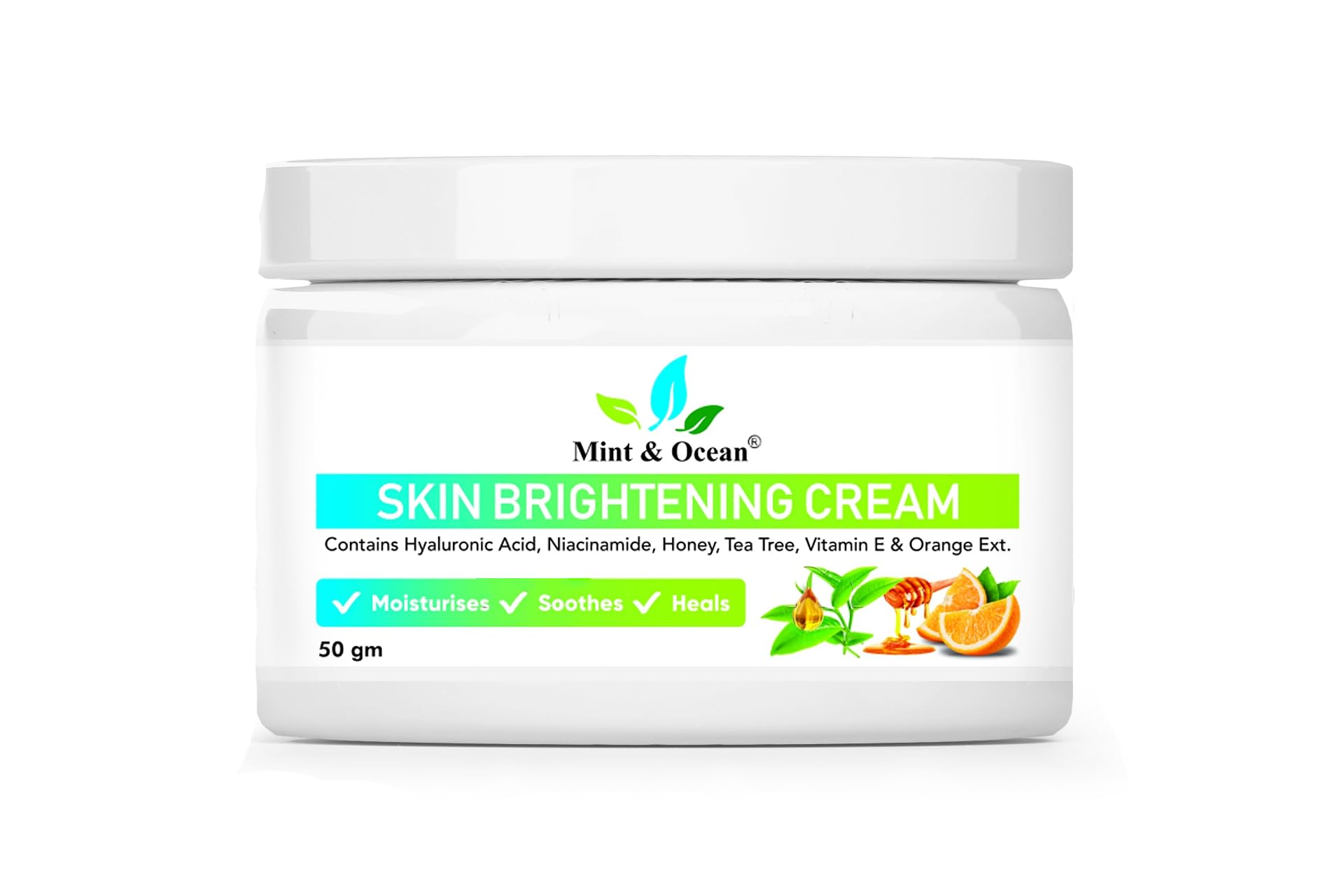 Mint and Ocean Skin Brightening Cream with Hyaluronic Acid, Tea Tree Extracts & Vitamin E - Brightens Dull Skin, Evens Skin Tone & Enhances Complexion - 50g | Perfect for Daily Skincare Routine & Nighttime Hydration