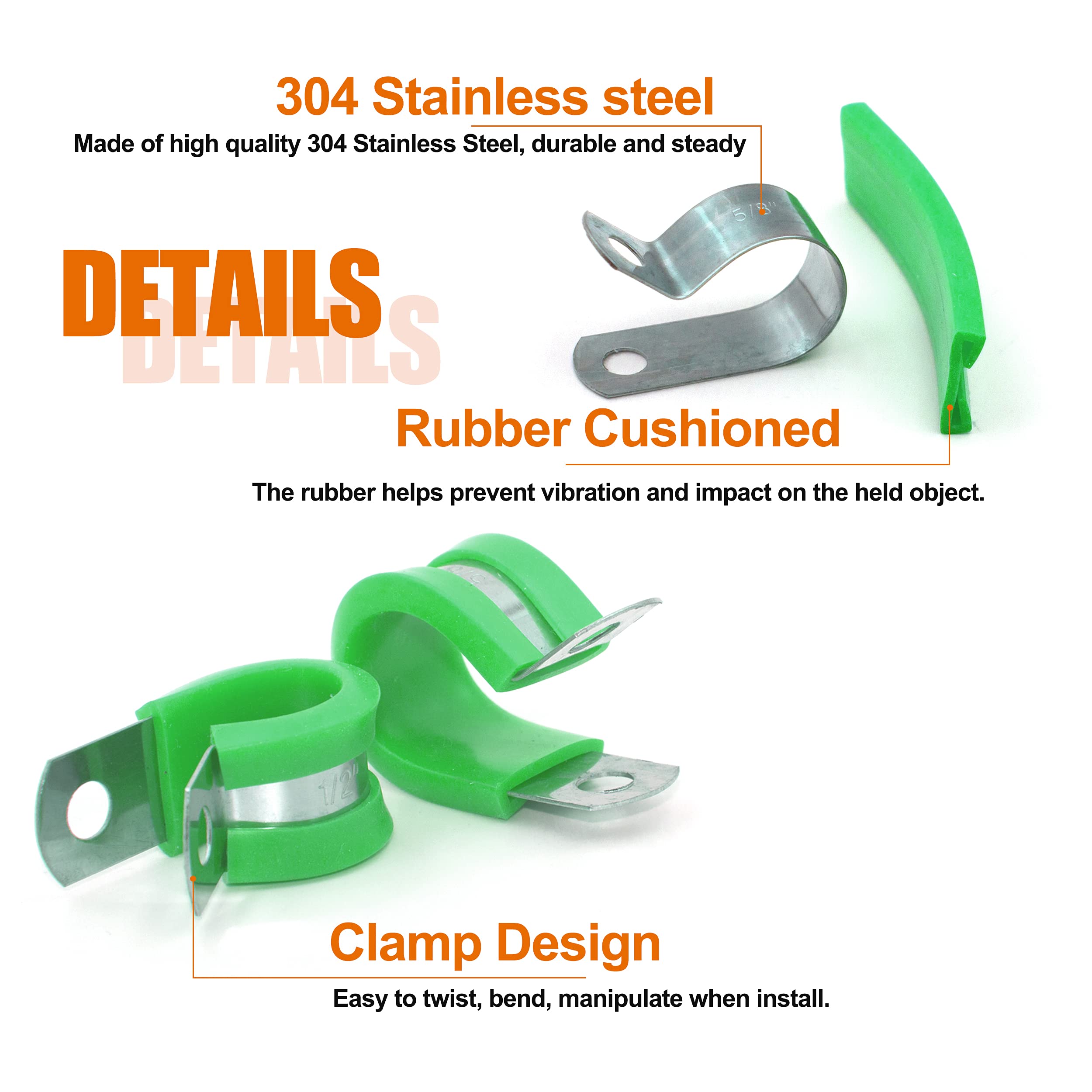 ISPINNER 52pcs Stainless Steel Cable Clamps Kit - 304 Rustproof Pipe Clamps with Rubber Cushion in 6 Sizes (1/4