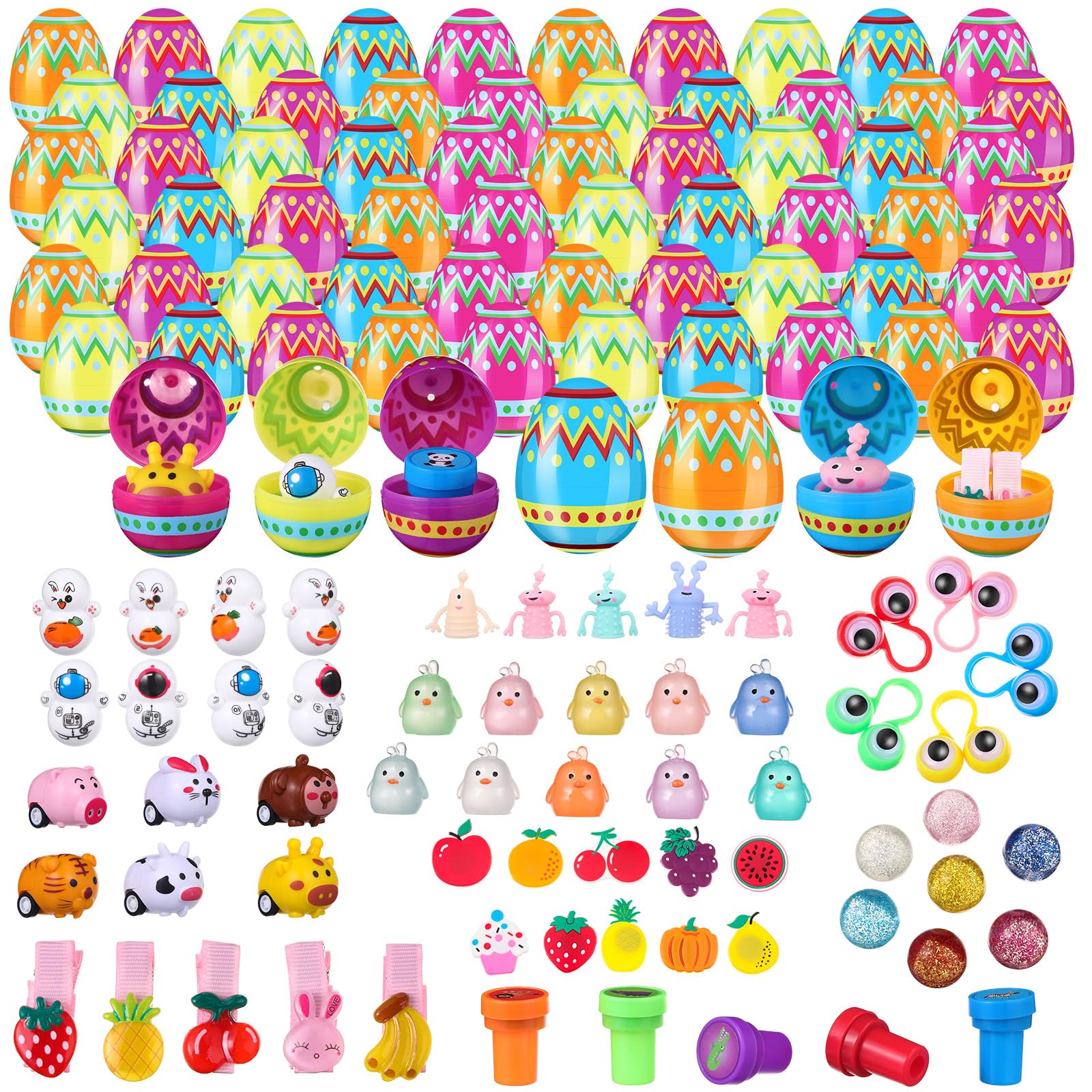 Sumind 100 Pcs Colorful Plastic Easter Eggs with 100 Assorted Small Toys - Fillable Easter Basket Stuffers for Kids Boys Girls - Easter Party Favors Supplies & Gifts (Not Prefilled) - Perfect for Easter Egg Hunts, Classroom Rewards & Birthday Party Goodie Bags