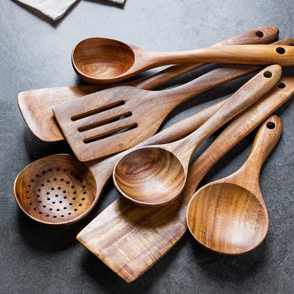 Premium Wooden Kitchen Cooking Utensils Set - 12-Piece Non-Stick Heat Resistant Cookware with Holder - Natural Bamboo Kitchen Gadgets Tools for Baking, Stirring & Serving - Ideal Housewarming Gift for New Homeowners