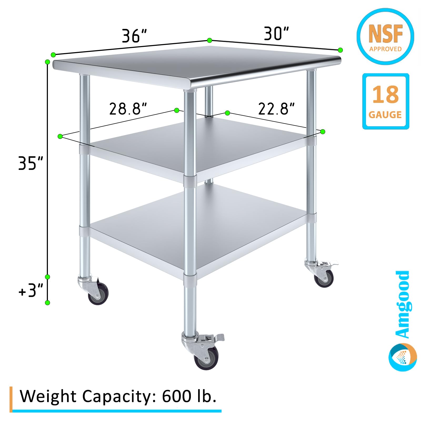 AmGood Stainless Steel Work Table with 2 Adjustable Shelves & Locking Casters | Heavy Duty Metal Utility Table 36