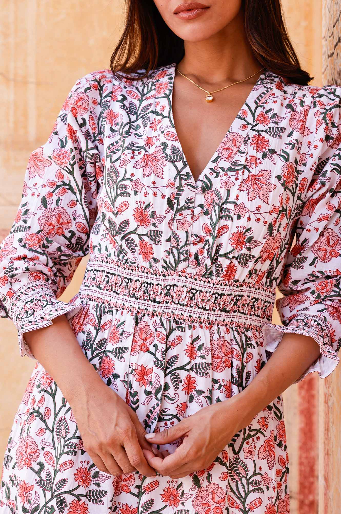 Billie Organic Cotton Block Print Dress - Gardenia Pink & Green Floral | Boho Chic Summer Dress for Women | Perfect for Beach, Vacation & Casual Outings