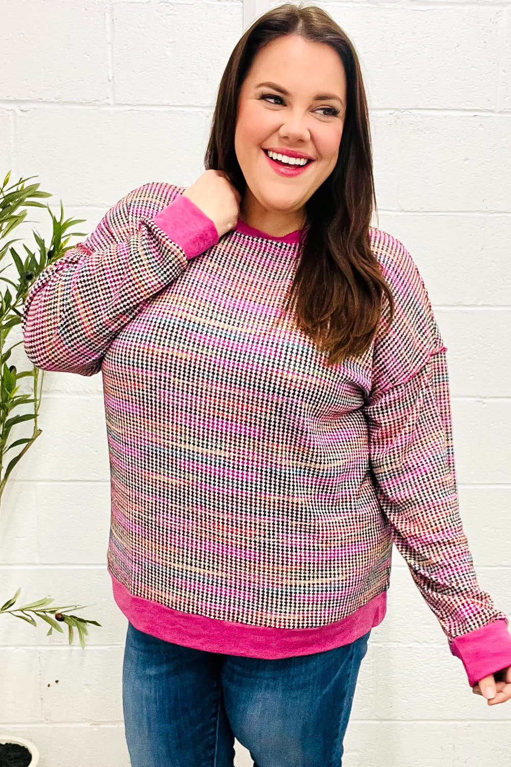 Joyful Magenta Multicolor Textured Waffle Knit Sweater for Women - Cozy Winter Pullover for Casual Outings & Holiday Gatherings