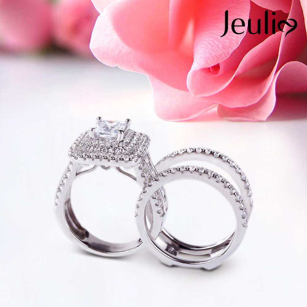 Jeulia 3-Piece Enhancer Ring Set for Women - 925 Sterling Silver Princess Cut Cubic Zirconia Halo Solitaire Engagement, Wedding & Anniversary Rings for Her with Jewelry Box | Perfect for Proposals, Bridal Jewelry & Romantic Gifts