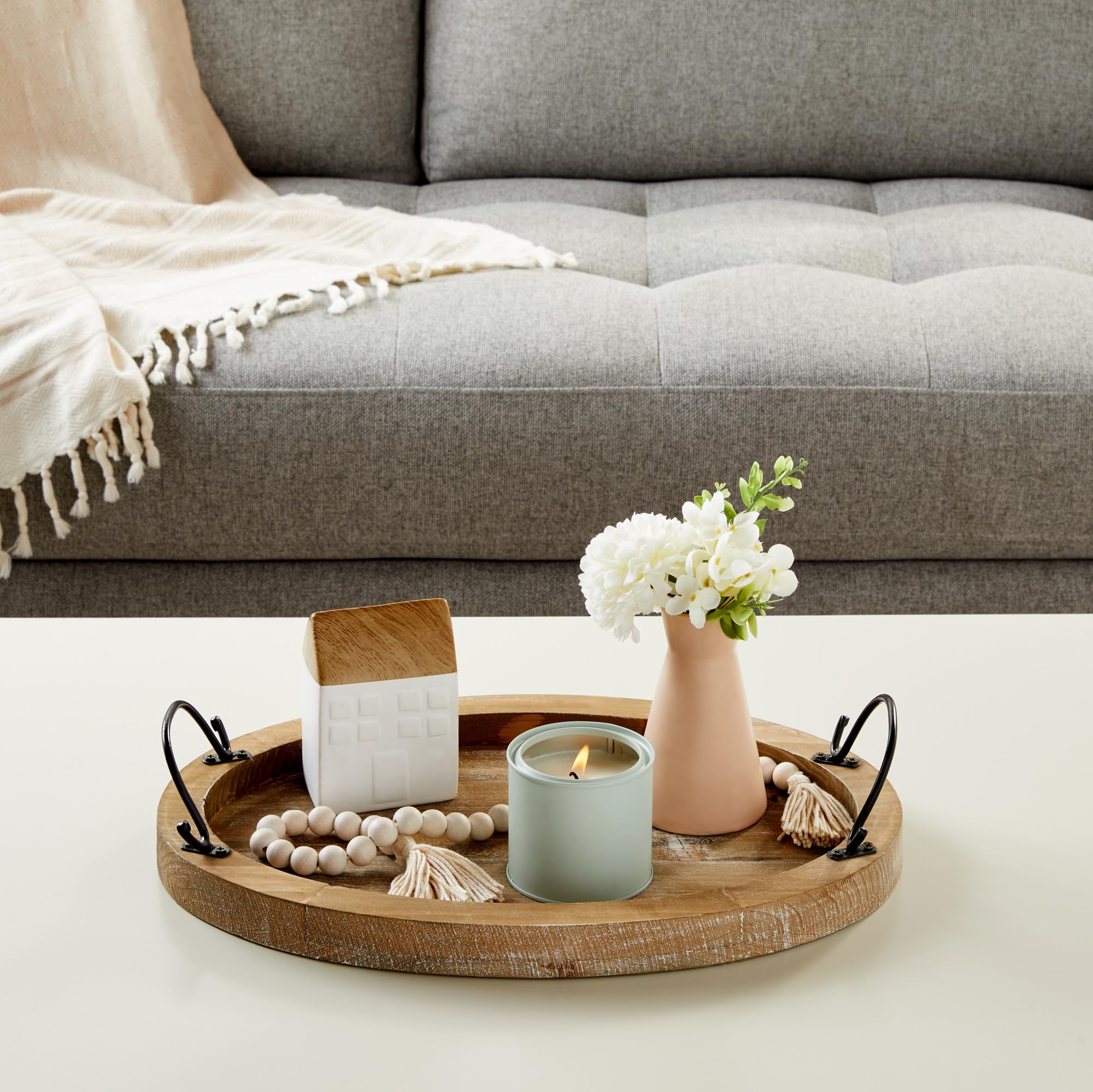 Handcrafted Wooden Serving Tray with Handles - 16x11 Inch Oval Wood Platter for Coffee Table Decor, Farmhouse Style Home Accessories - Perfect for Breakfast in Bed, Tea Service & Living Room Organization