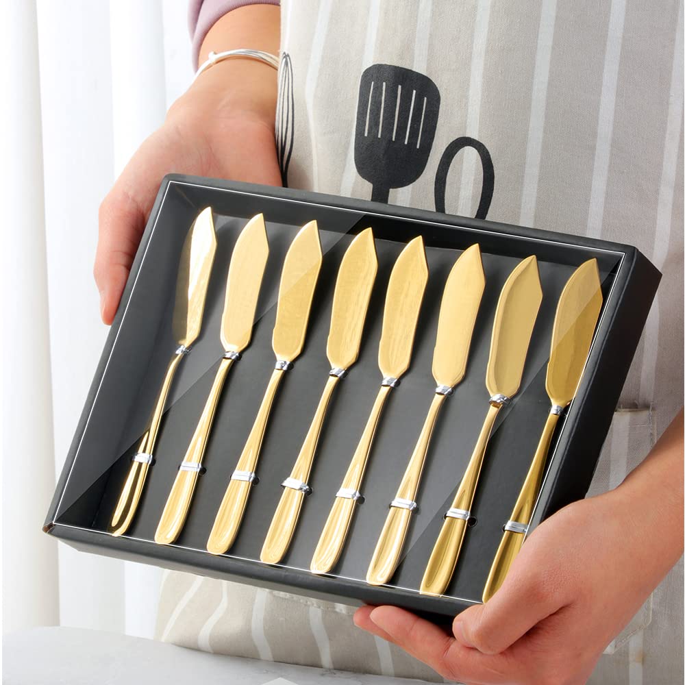 Premium 18/10 Stainless Steel Butter Knives Set of 8 - 6.1 Inch Gold Cheese Spreaders with Elegant Black Gift Box, Dishwasher Safe - Perfect for Dinner Parties, Cheese Boards & Gourmet Gifts