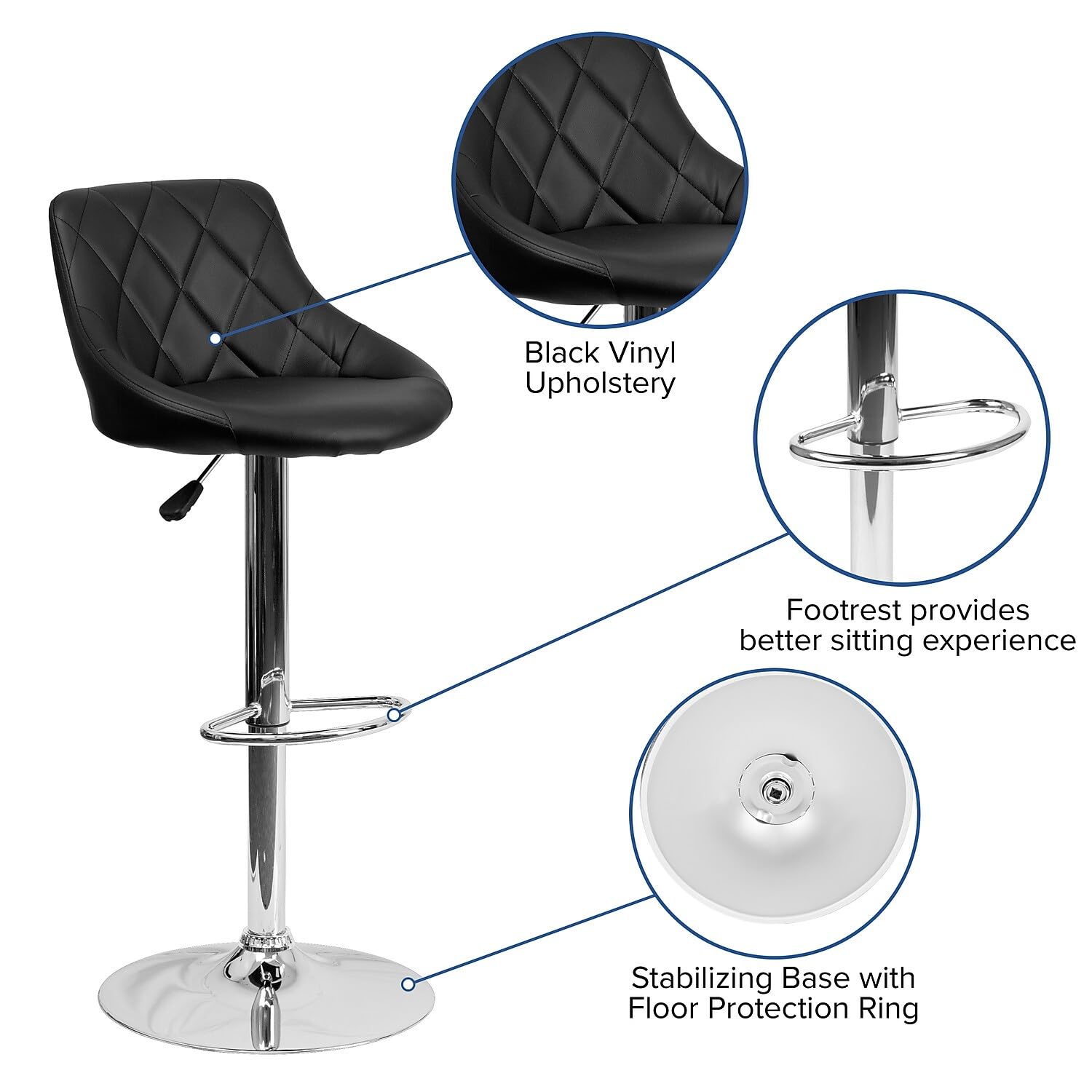 Flash Furniture Caldwell 2-Pack Adjustable Height Bar Stools - Contemporary Black Vinyl Bucket Seats with Diamond Pattern Back & Chrome Base - Perfect for Kitchen Islands, Home Bars & Counter Dining