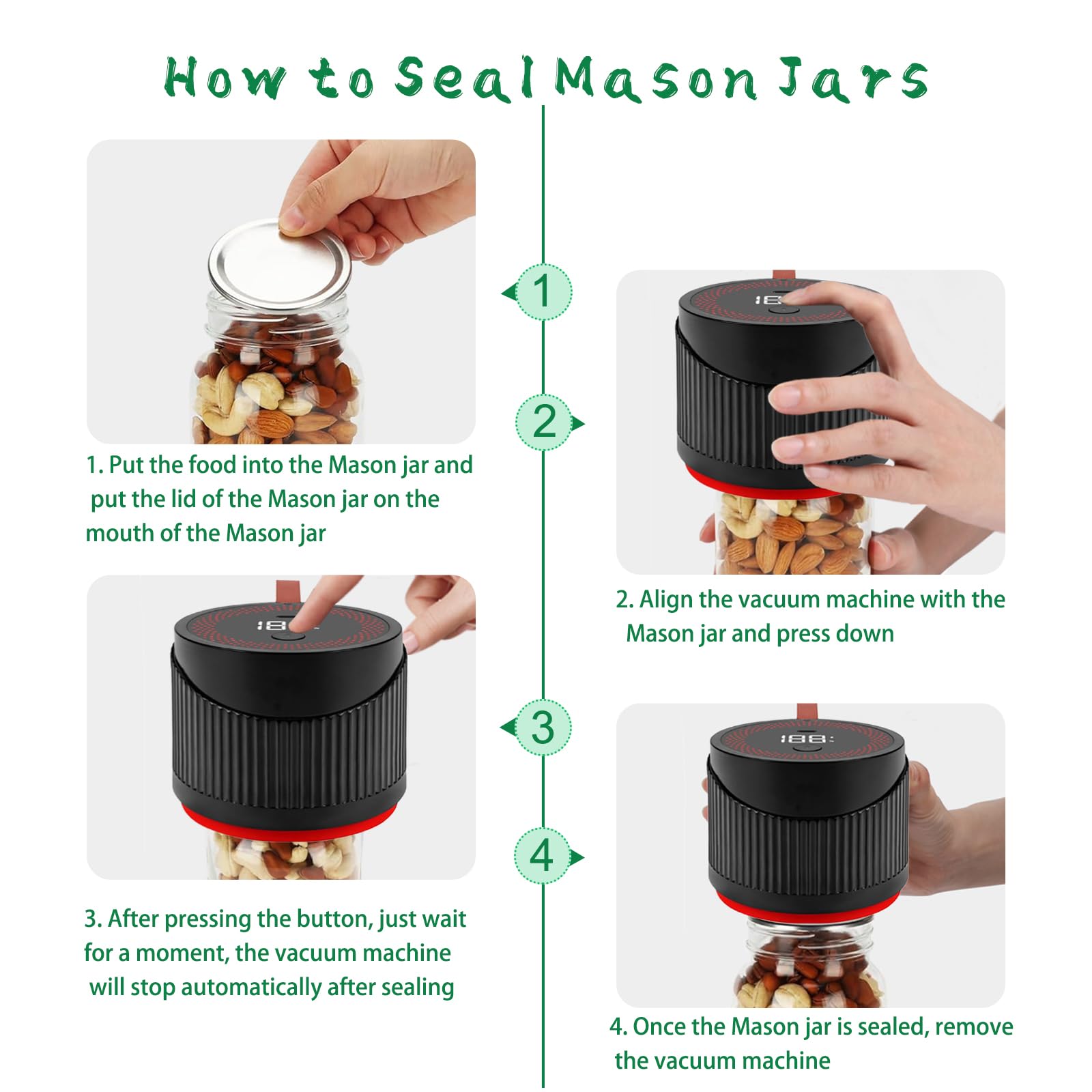 2025 Upgraded Electric Mason Jar Vacuum Sealer Kit - Portable Food Storage System with One-Touch Operation | Leak-Proof Seal for Wide & Regular Mouth Jars | Perfect for Meal Prep, Canning, and Long-Term Food Preservation