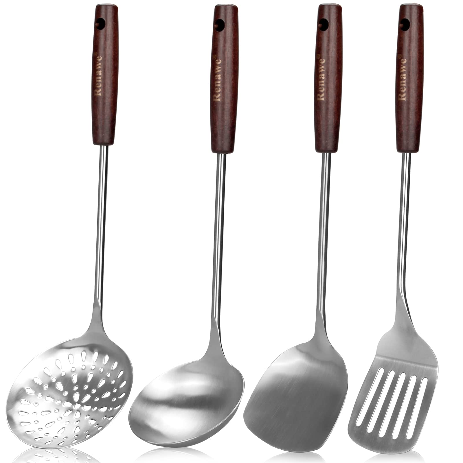 15 Inch Stainless Steel Slotted Turner & Soup Ladle Set - 304 Grade, Long Wooden Handle - Perfect for Stir-Frying, Flipping Pancakes, Serving Soups & Cooking Utensils