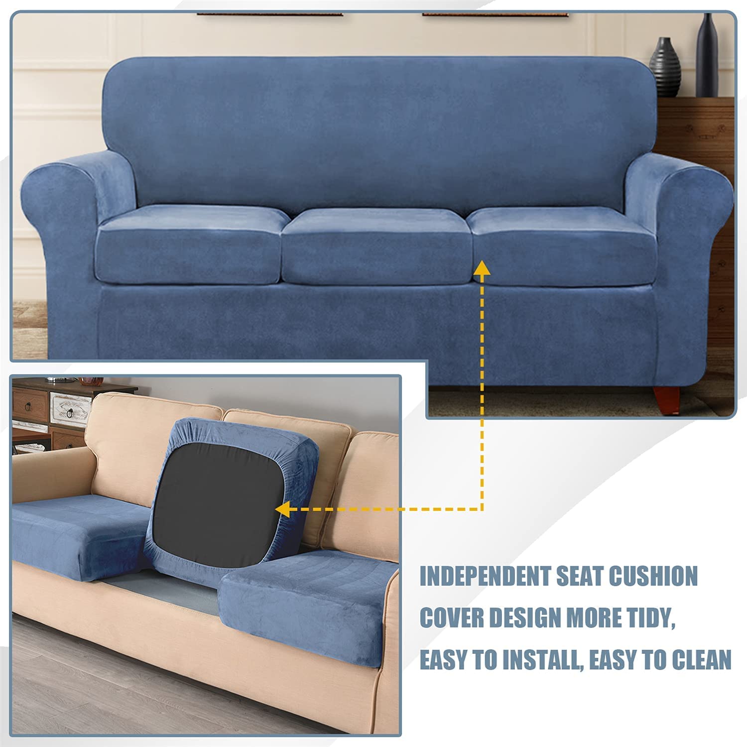 Stretch Velvet Sofa Slipcover with Separate Seat Cushion Covers - Super Soft Non-Slip Couch Cover Furniture Protector with Elastic Bands for 2-Seater Sofa - Blue - Perfect for Living Room, Home Decor & Pet-Friendly Furniture Protection