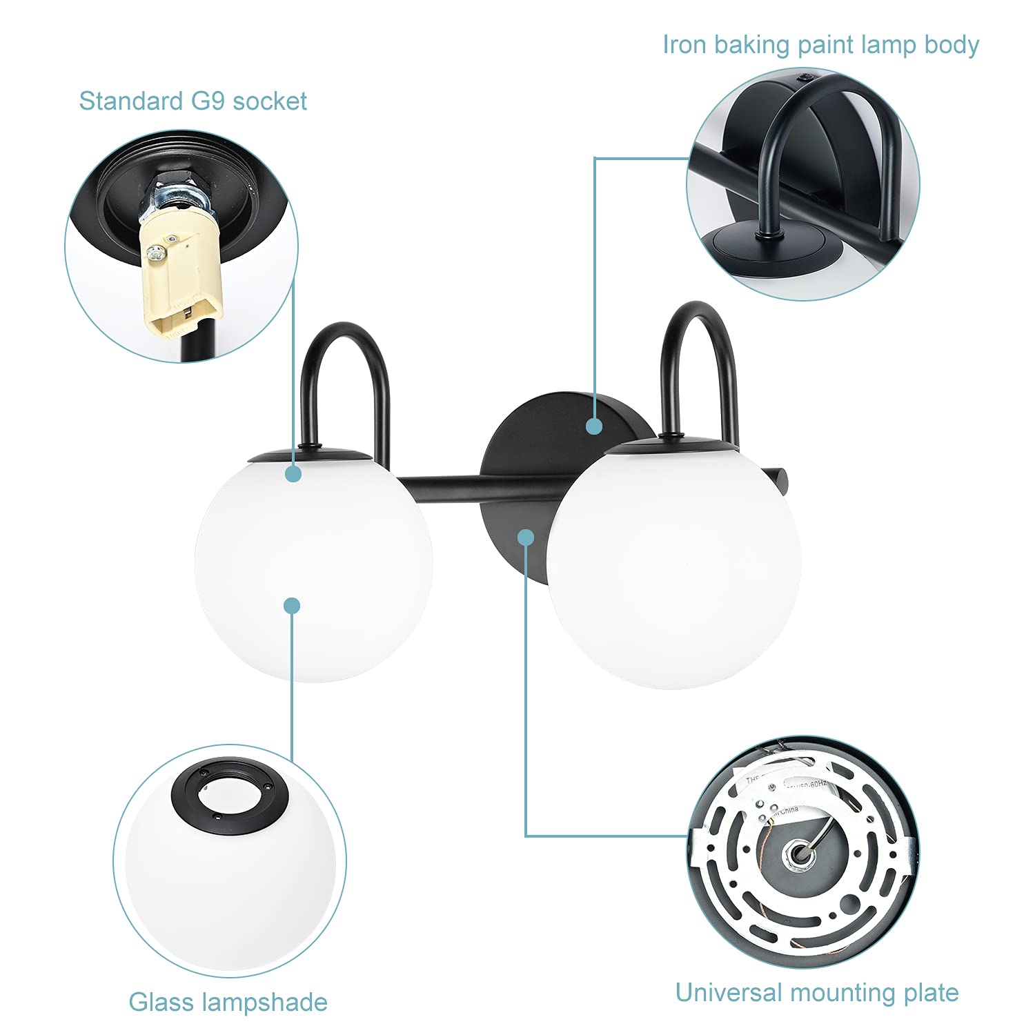 Mid Century Modern Vanity Lights for Bathroom - Black Metal Frame with Milk White Frosted Glass Globe - 2 Light Wall Sconce (7.09