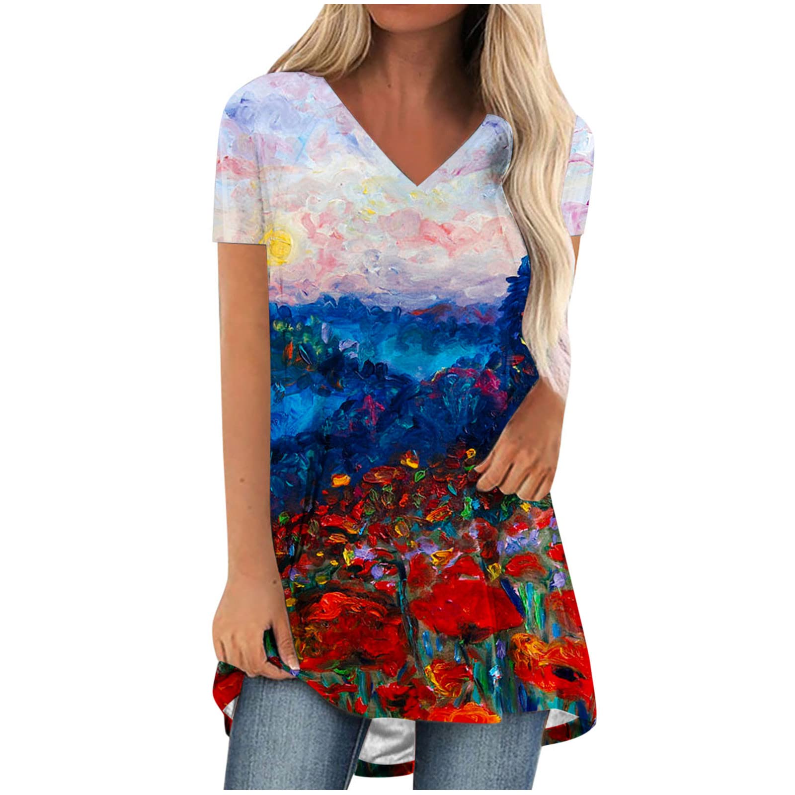 Women's Casual V-Neck Floral Print Short Sleeve T-Shirt - Slim Fit Hide Belly Tunic Top for Summer | Perfect for Work, Date Night & Everyday Wear