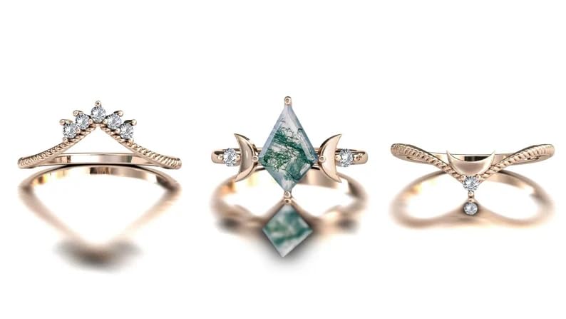 Antique Art Deco Moss Agate Engagement Ring Set – Vintage Kite Cut Wedding Band for Women | Unique Bridal Promise Rings for Romantic Proposals & Anniversary Gifts